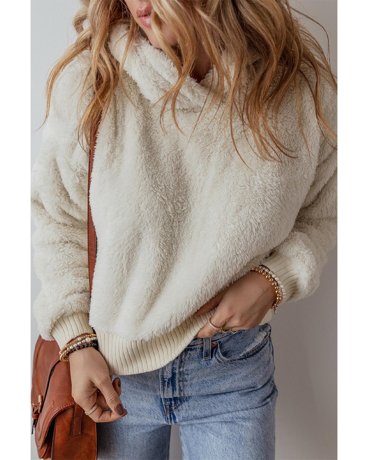White Contrast Ribbed Edge Plush Hoodie - S