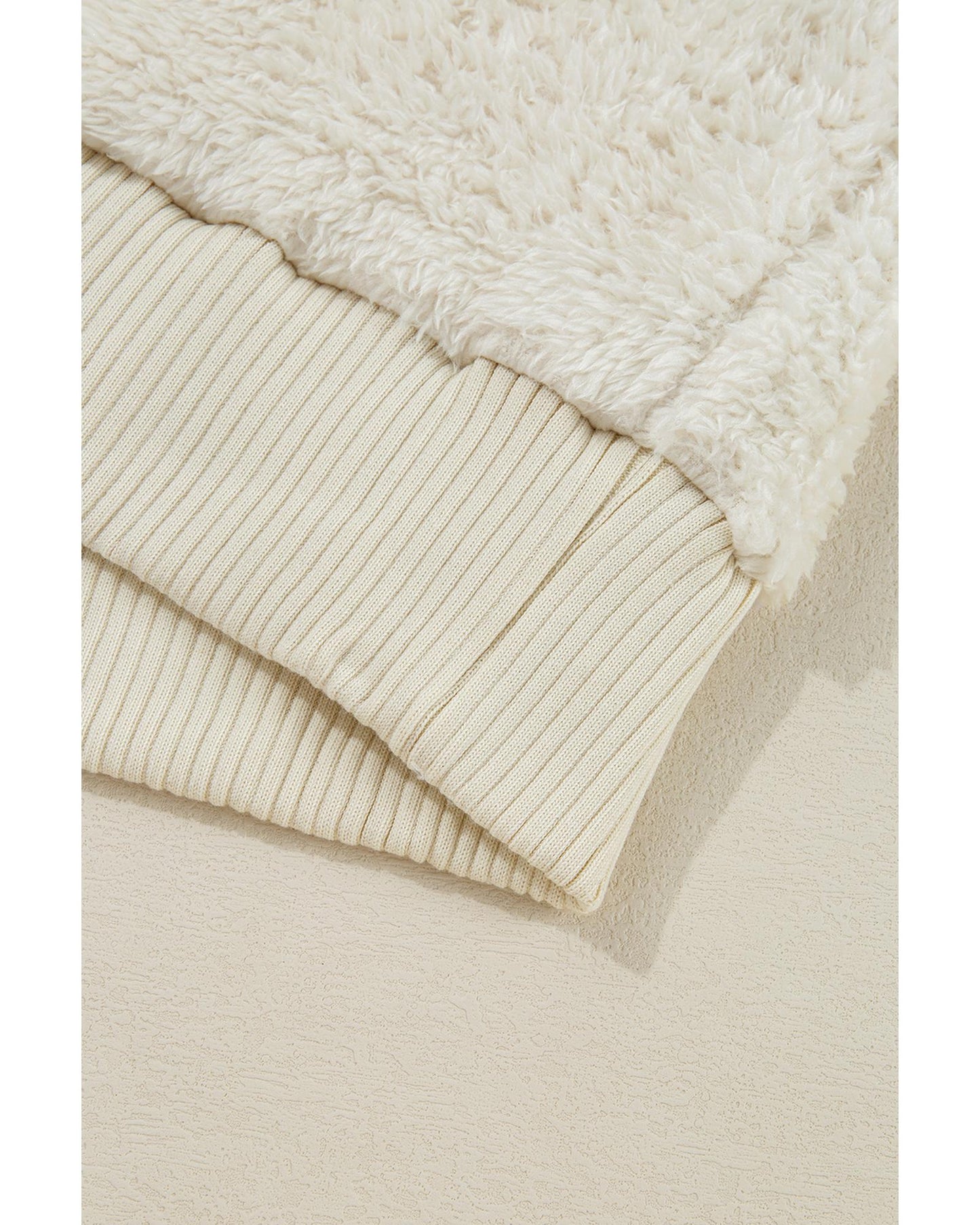 White Contrast Ribbed Edge Plush Hoodie - S