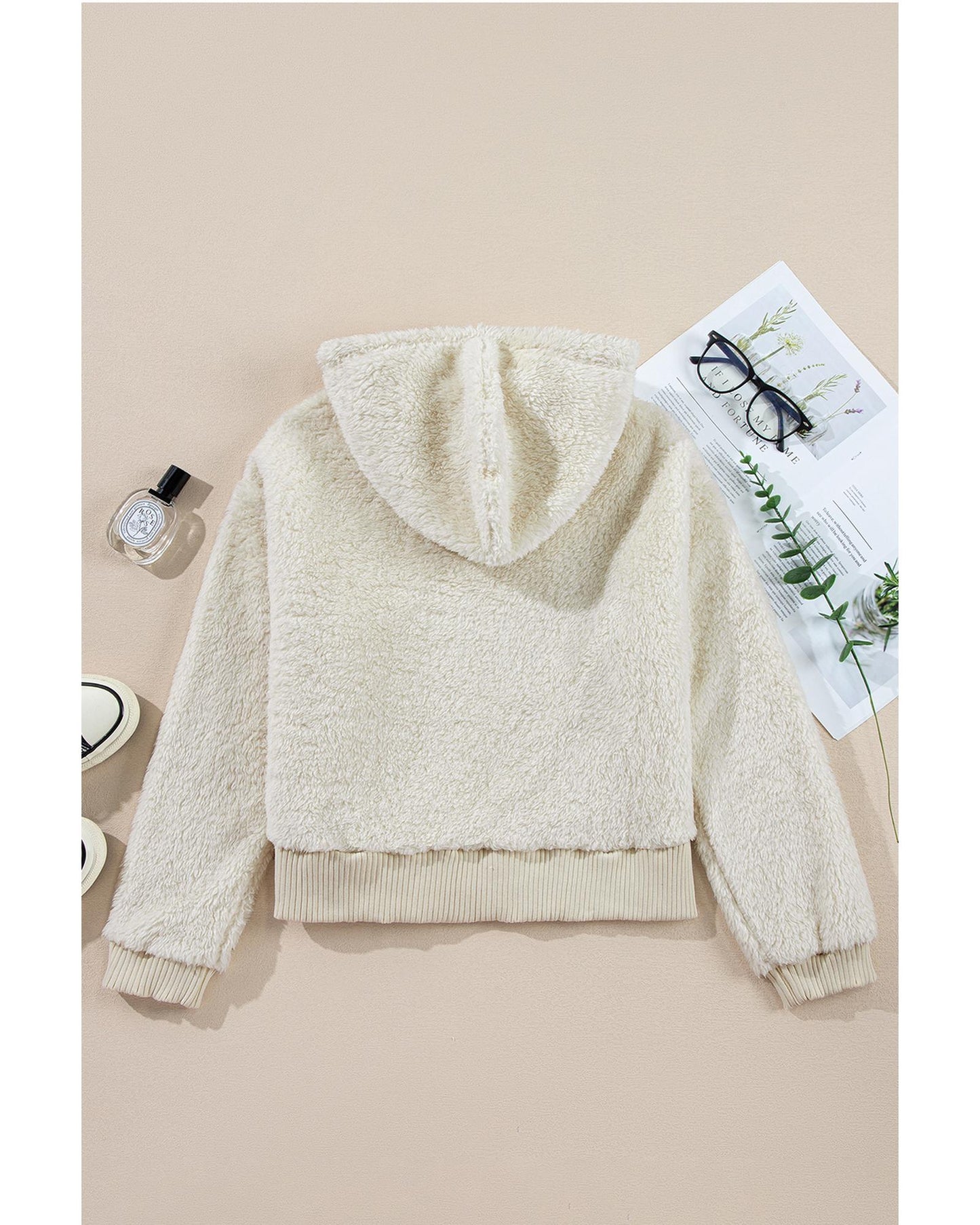 White Contrast Ribbed Edge Plush Hoodie - S