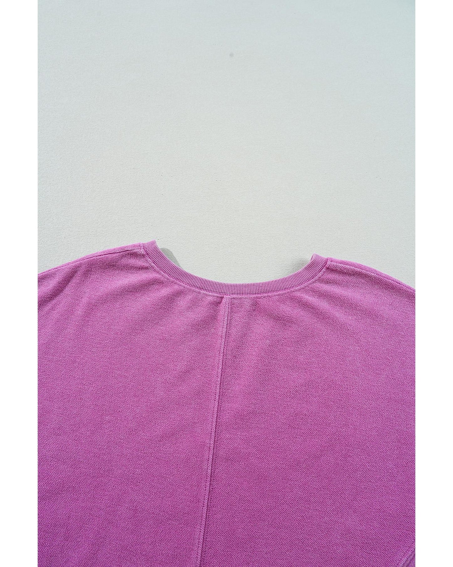 Bright Pink Solid Color Notched Neck Drop Shoulder Sweatshirt - M