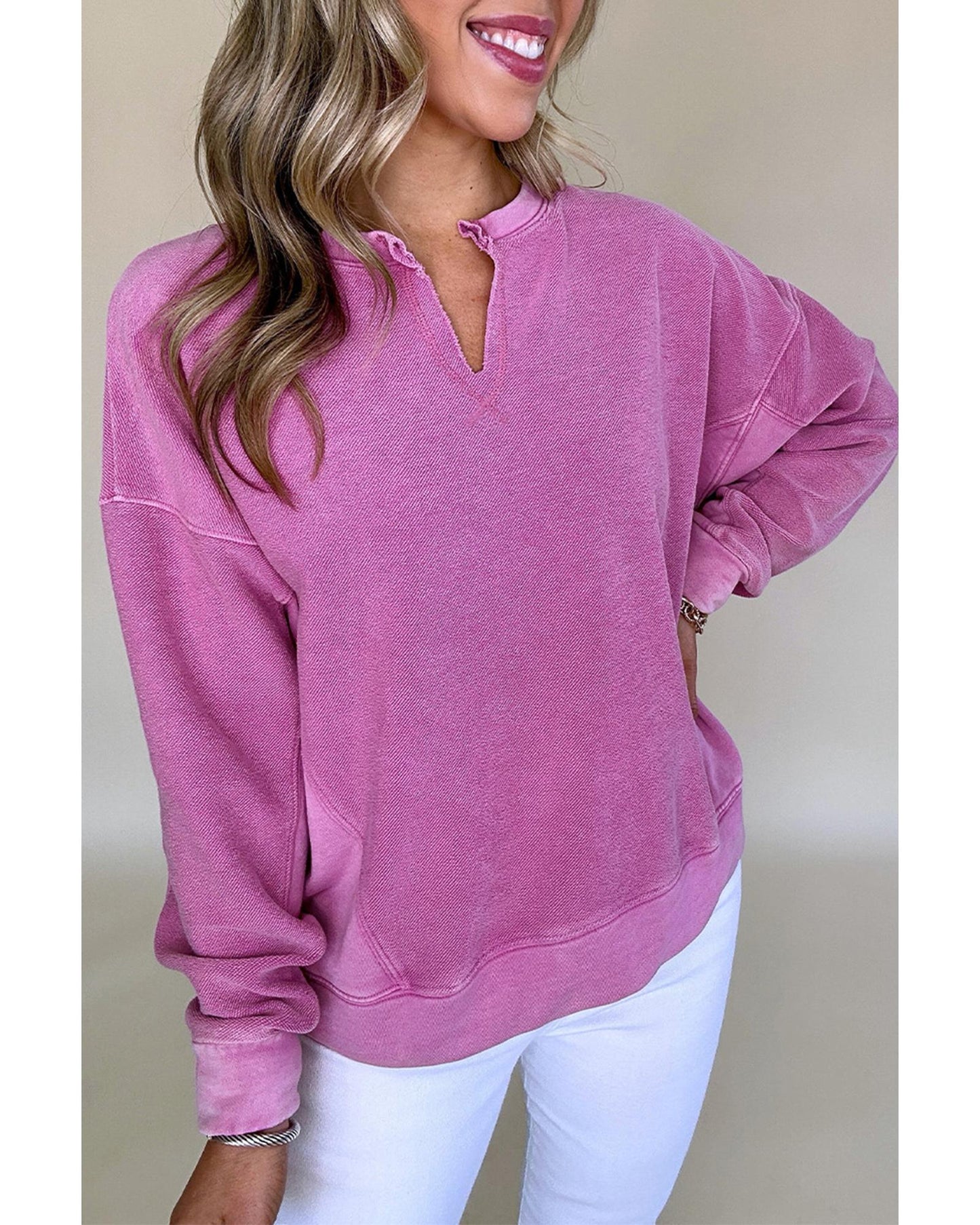 Bright Pink Solid Color Notched Neck Drop Shoulder Sweatshirt - M