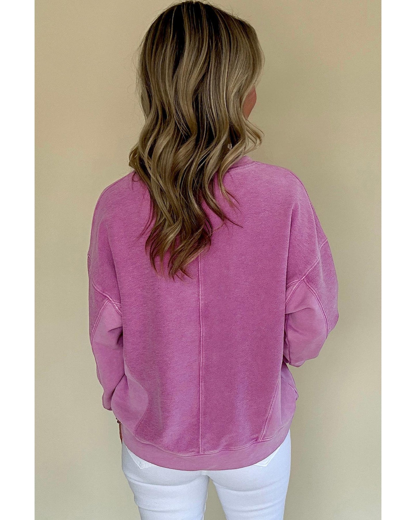 Bright Pink Solid Color Notched Neck Drop Shoulder Sweatshirt - M