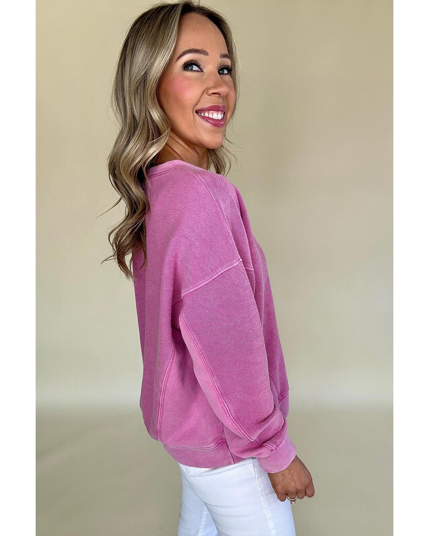 Bright Pink Solid Color Notched Neck Drop Shoulder Sweatshirt - M