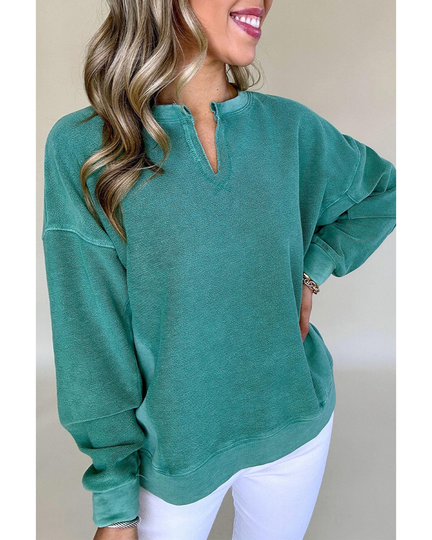 Skobeloff Solid Color Notched Neck Drop Shoulder Sweatshirt - 2XL