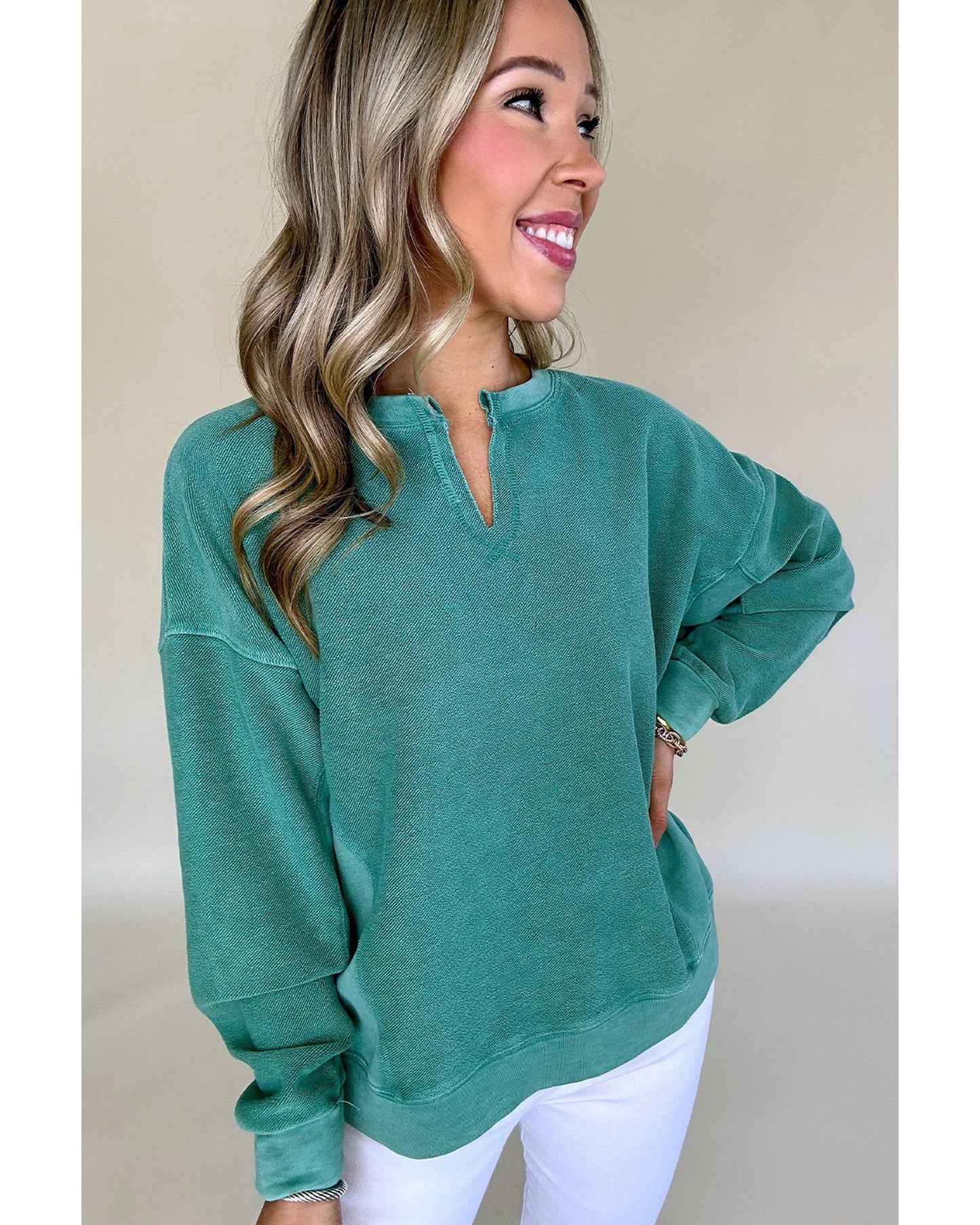 Skobeloff Solid Color Notched Neck Drop Shoulder Sweatshirt - L