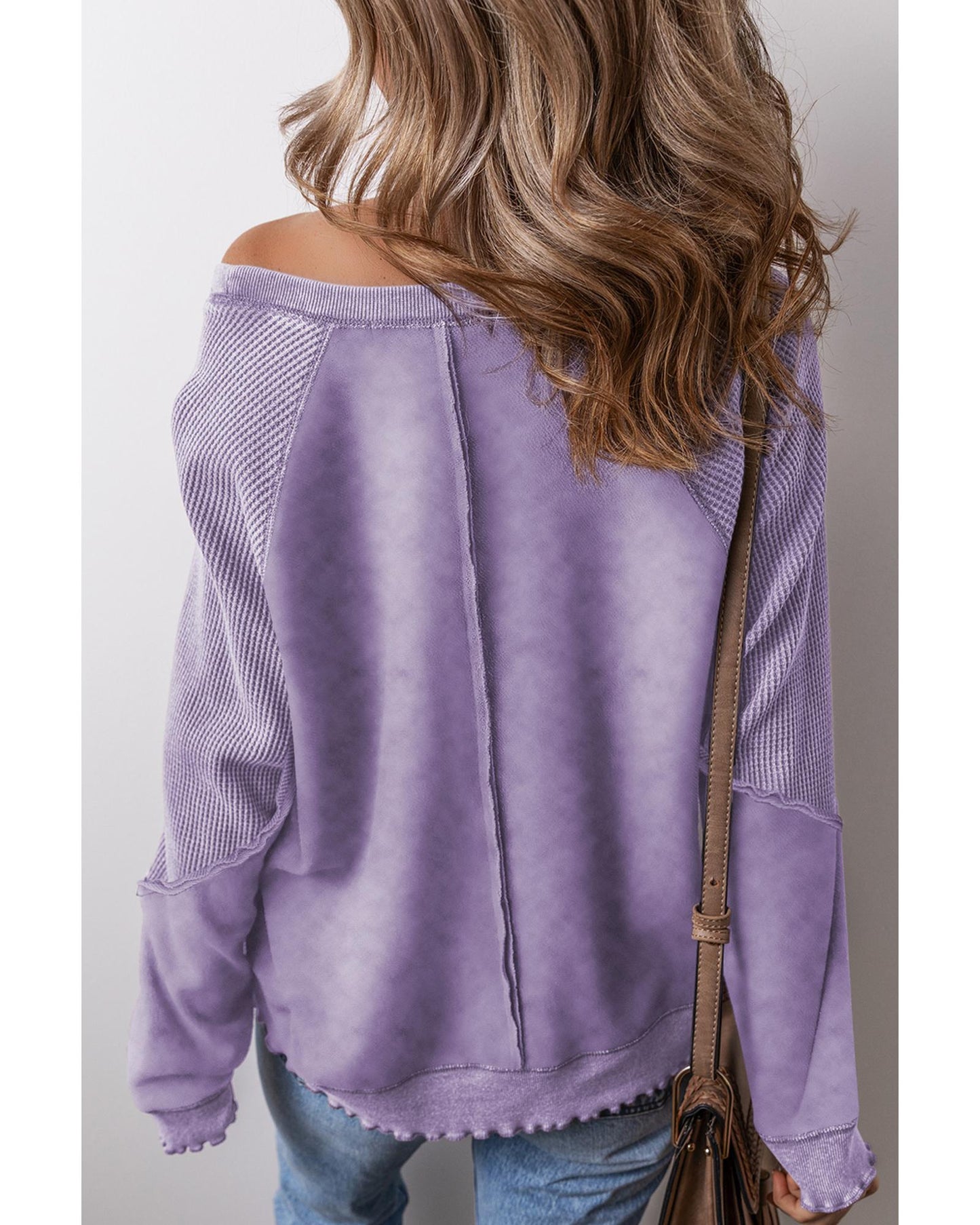 Orchid Petal Solid Waffle Knit Patchwork Raglan Sleeve Sweatshirt - S