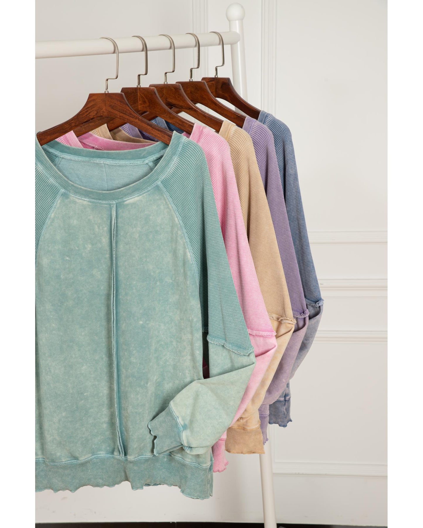 Orchid Petal Solid Waffle Knit Patchwork Raglan Sleeve Sweatshirt - S