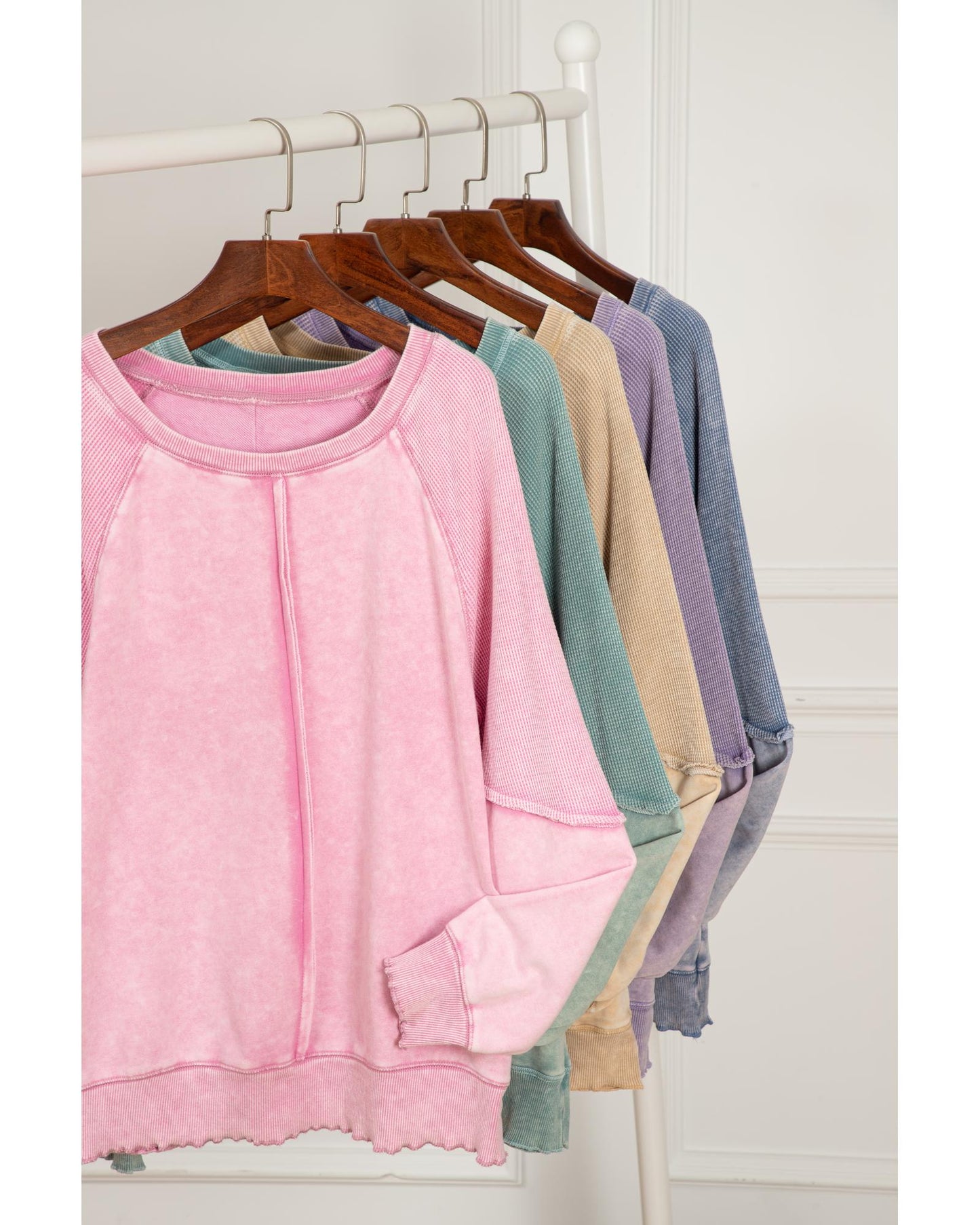 Orchid Petal Solid Waffle Knit Patchwork Raglan Sleeve Sweatshirt - S
