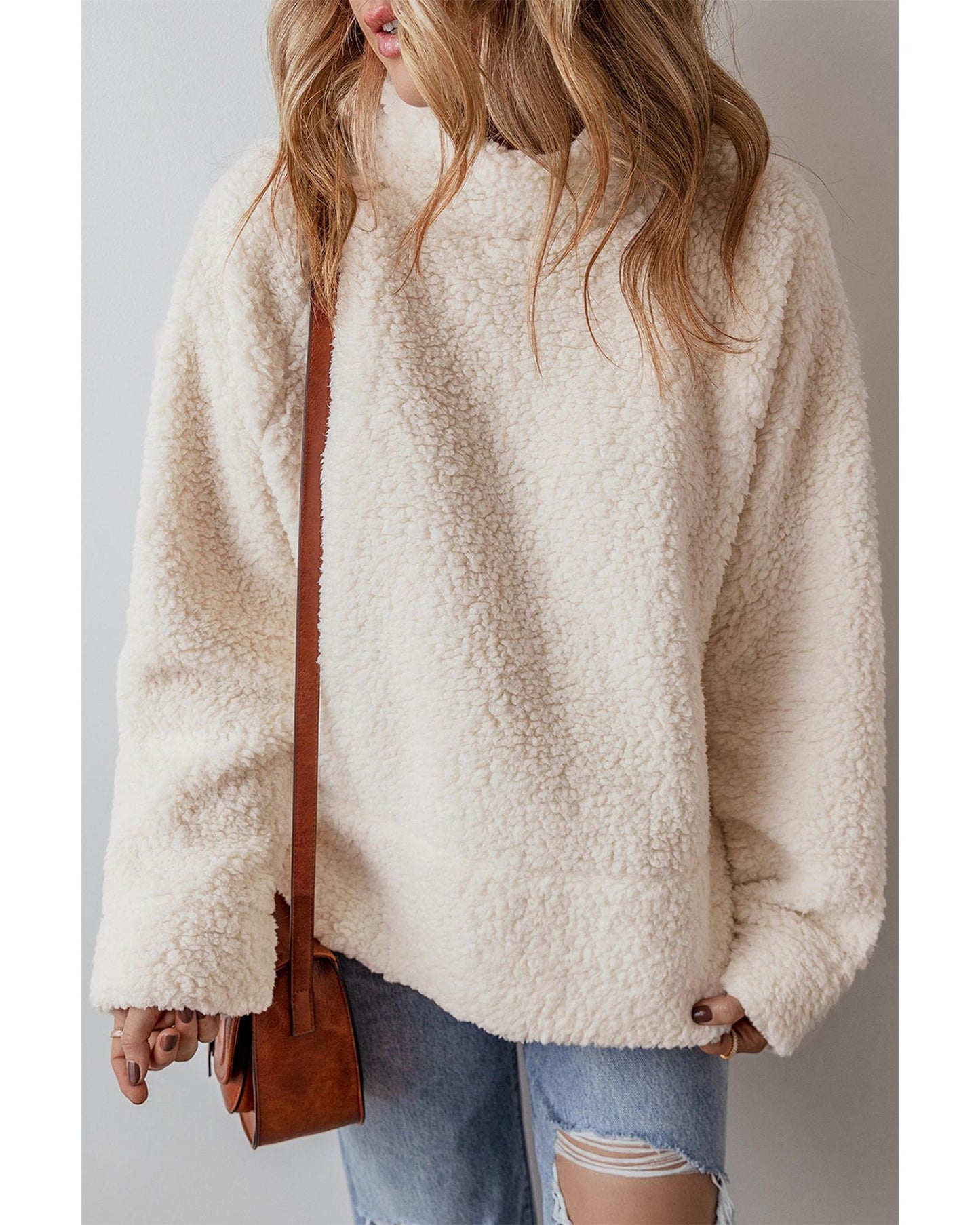 White Solid Fleece High Neck Drop Shoulder Pullover Sweatshirt - L