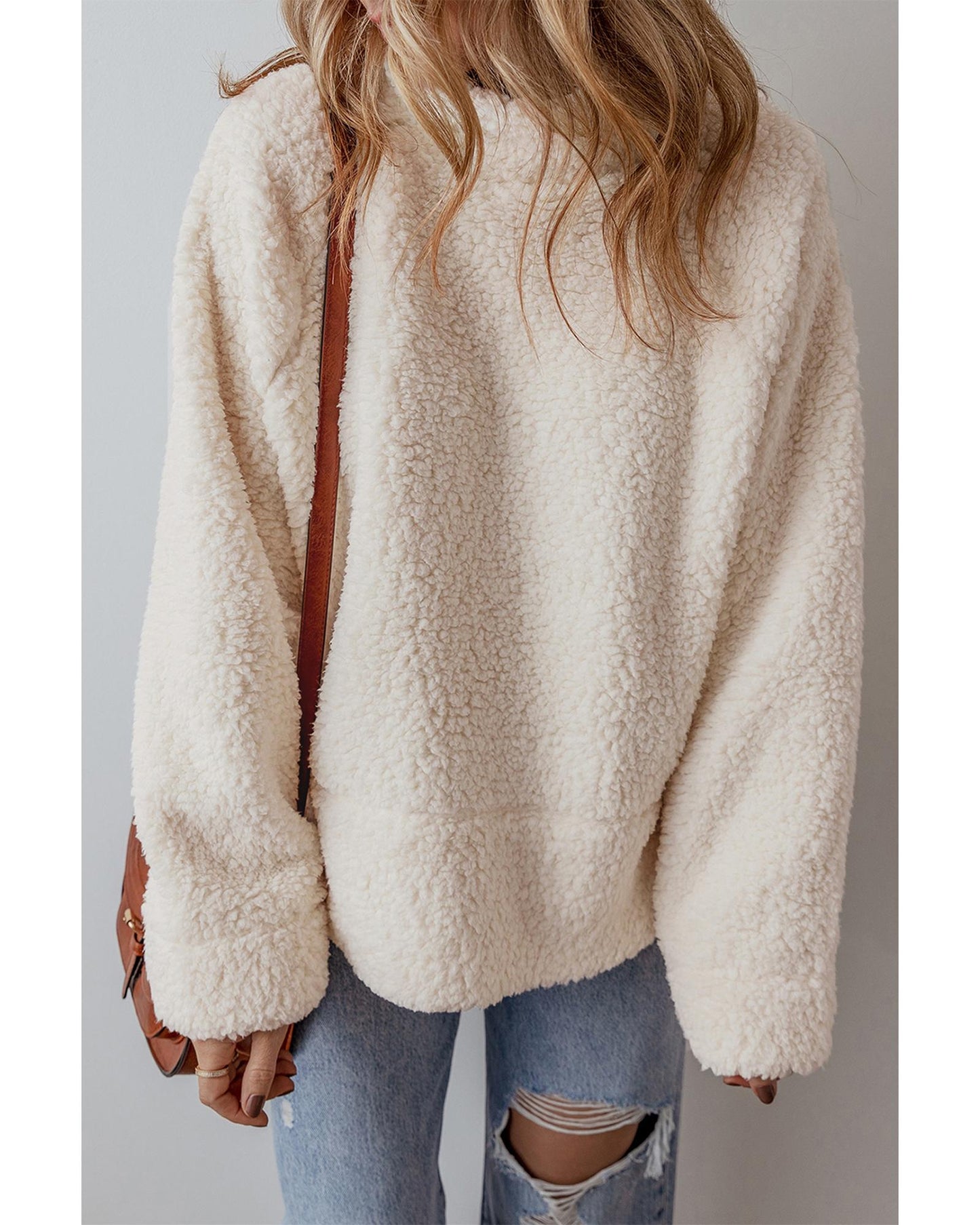 White Solid Fleece High Neck Drop Shoulder Pullover Sweatshirt - XL