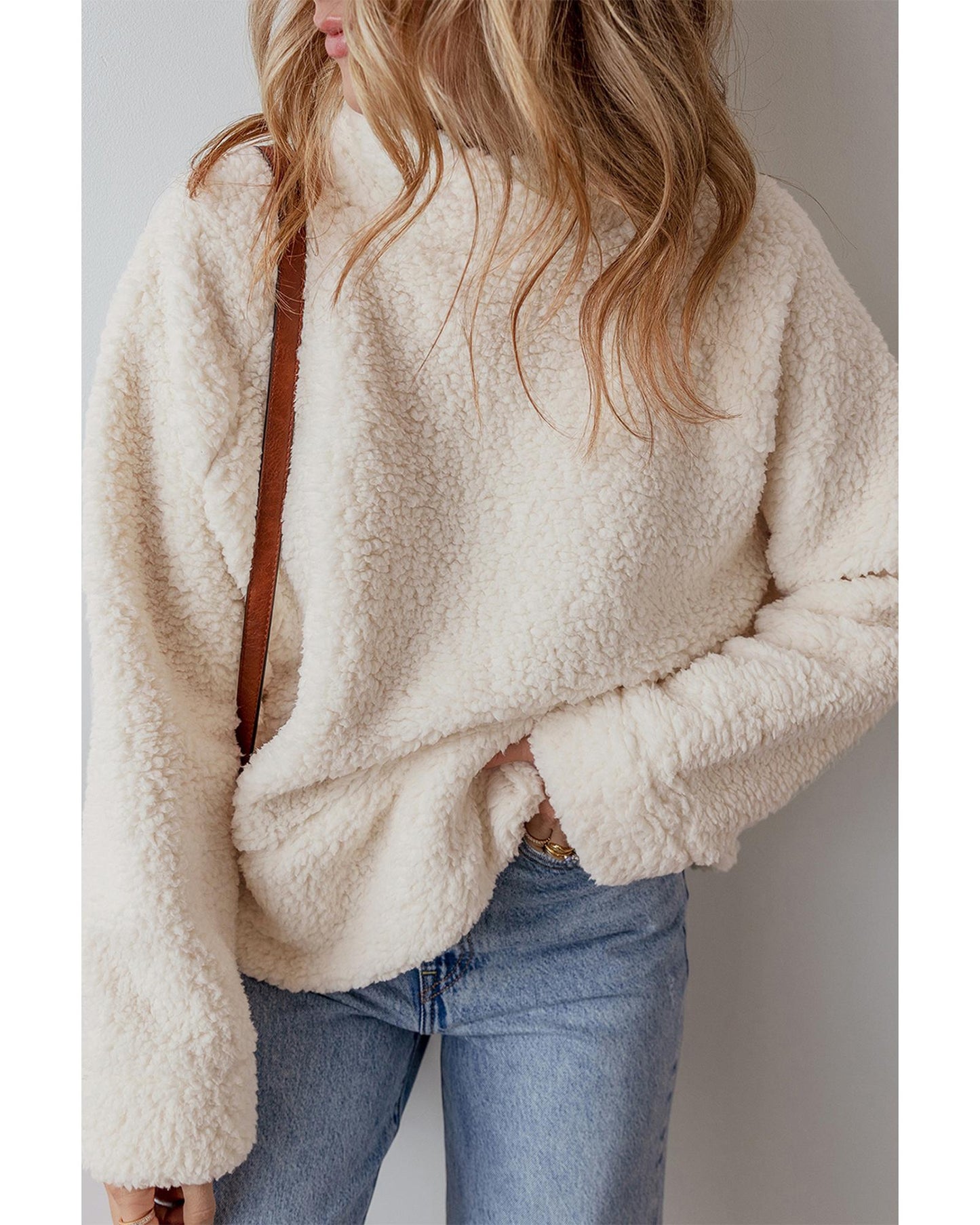 White Solid Fleece High Neck Drop Shoulder Pullover Sweatshirt - XL