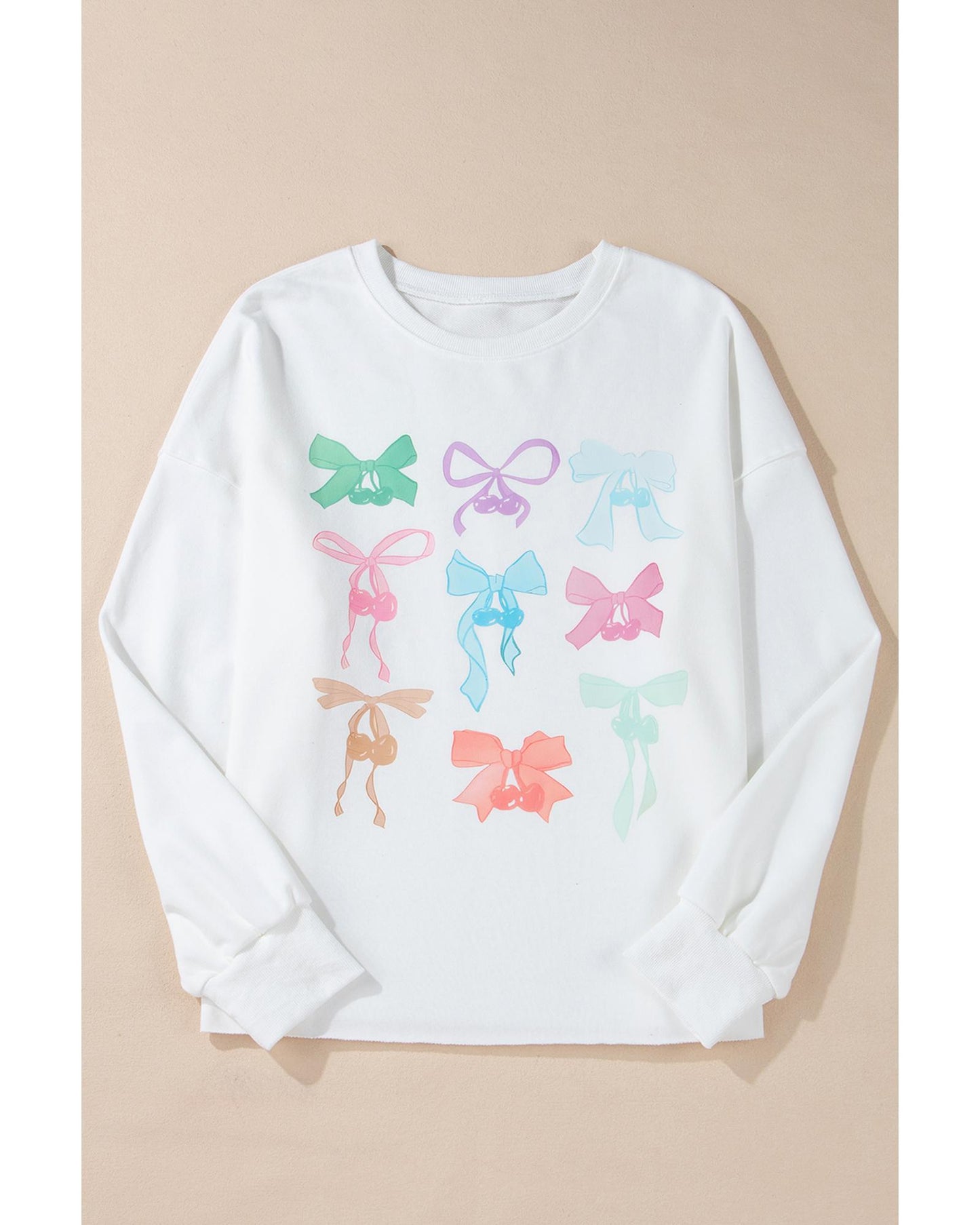 White Bowknot Pattern Drop Shoulder Loose Sweatshirt - S