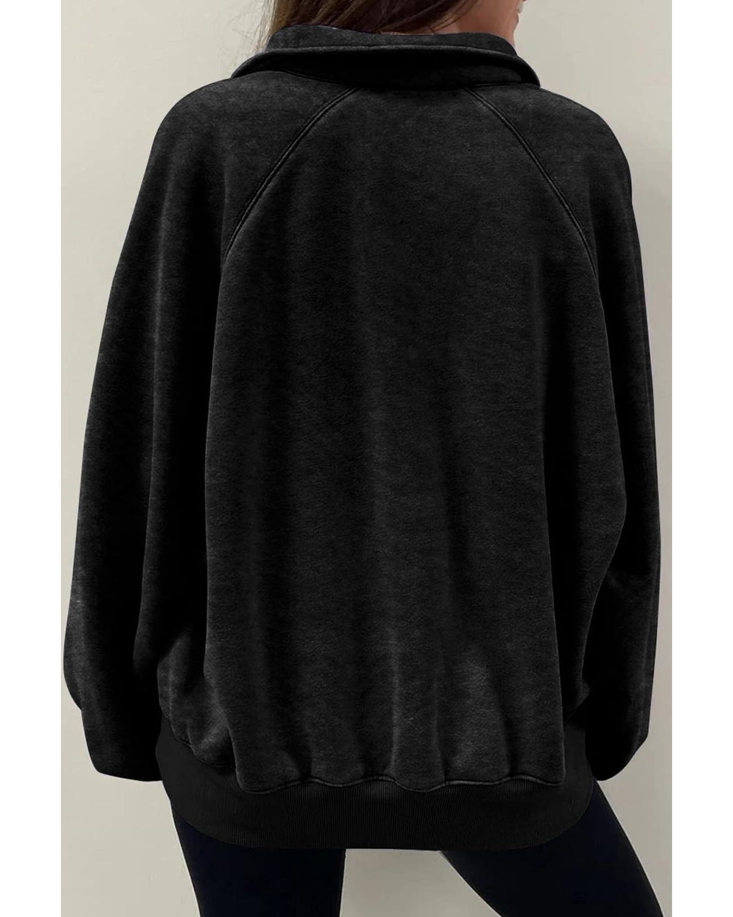 Black Solid Snap Buttons Collared Balloon Sleeve Oversized Sweatshirt - 2XL