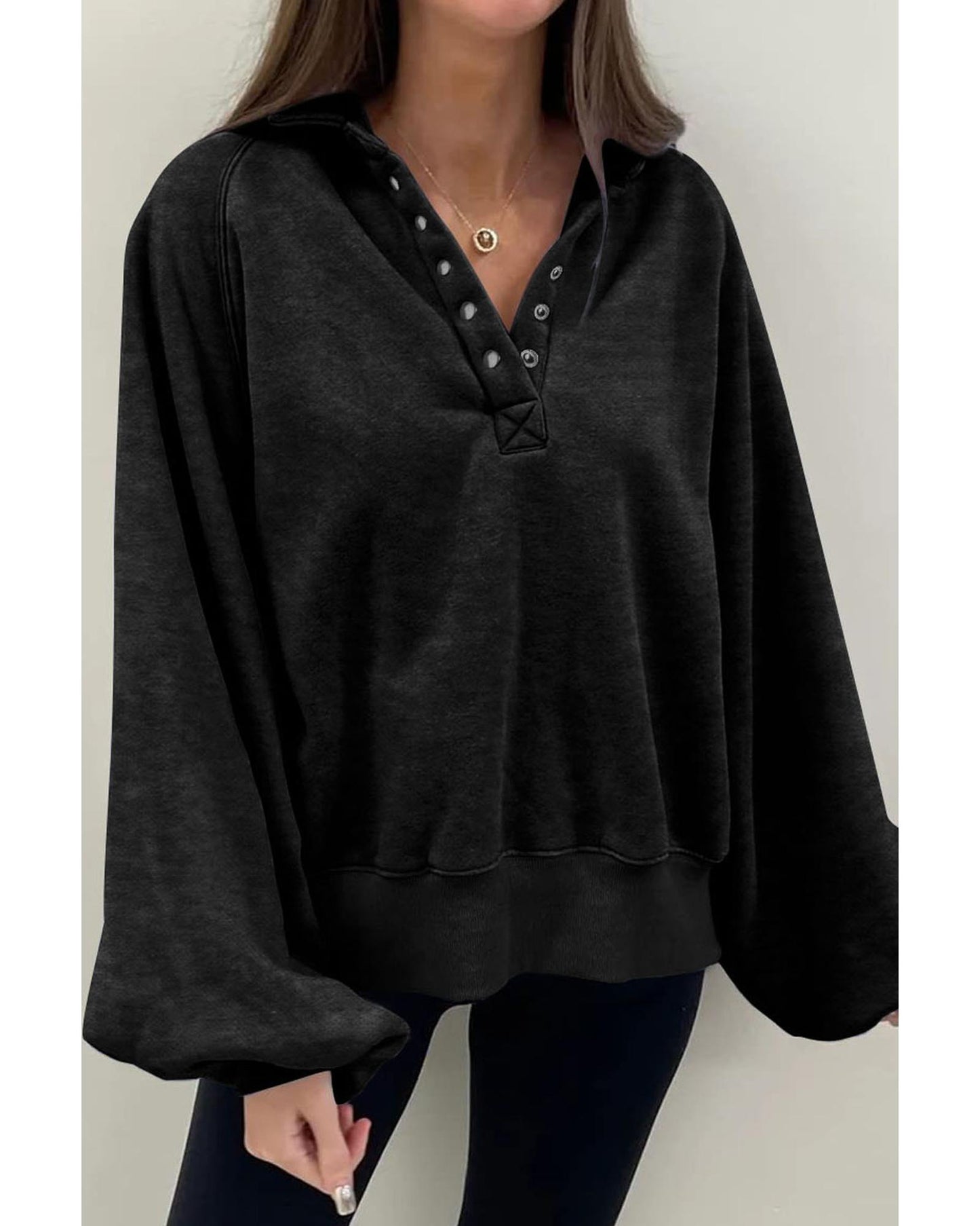 Black Solid Snap Buttons Collared Balloon Sleeve Oversized Sweatshirt - M