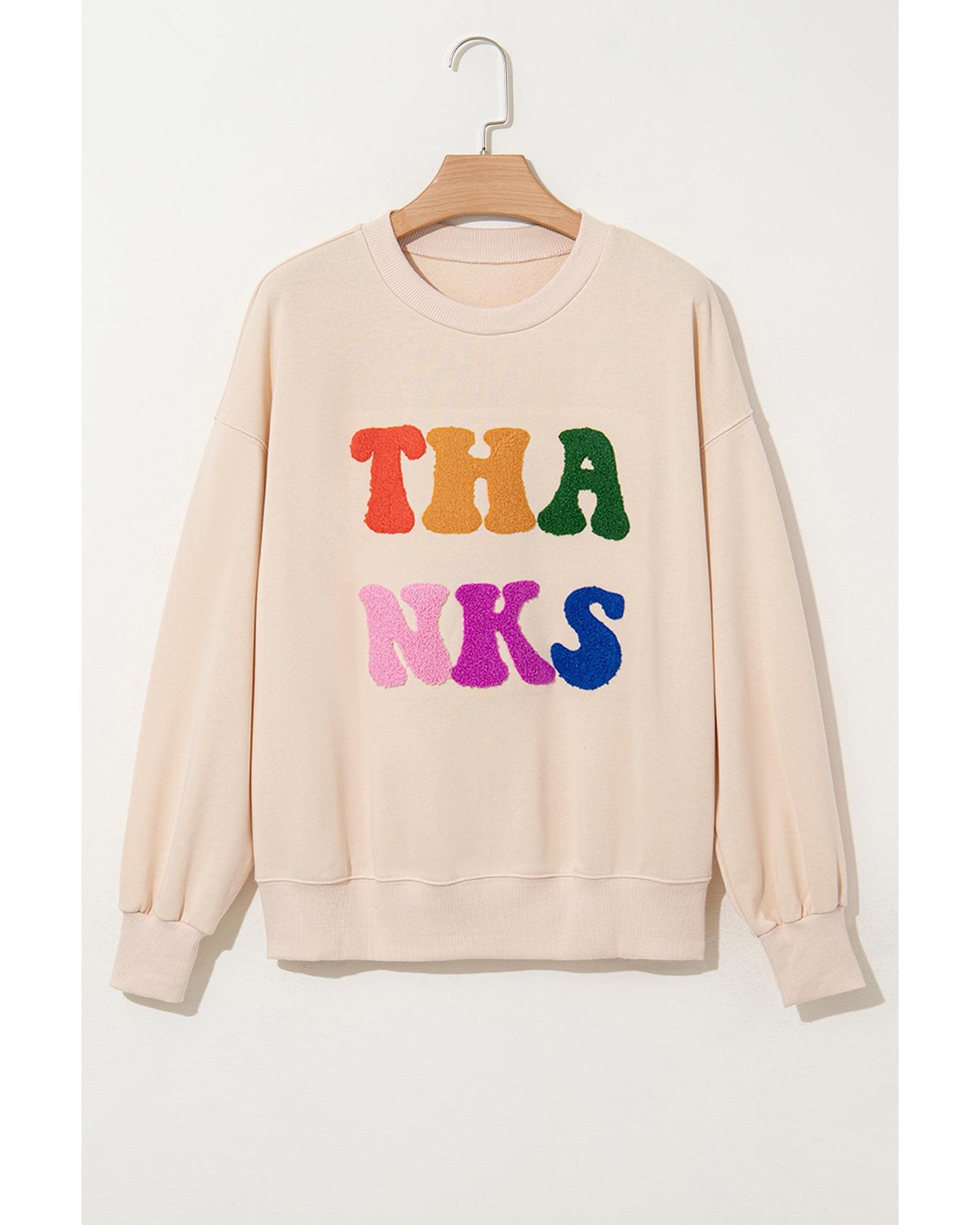 Apricot THANKS Chenille Embroidered Drop Shoulder Graphic Sweatshirt - L
