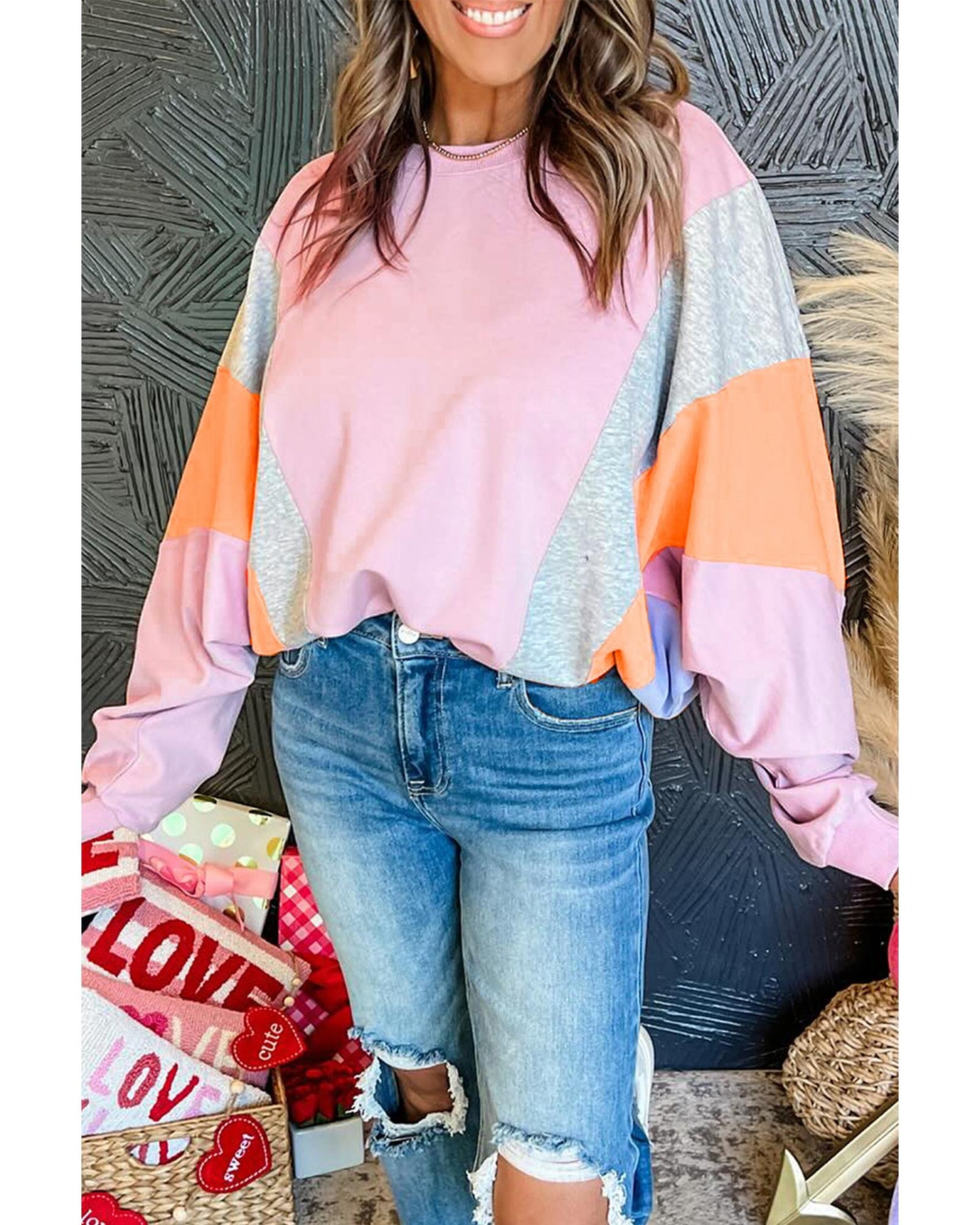 Light Pink Color Block Batwing Sleeve Loose Fit Sweatshirt - L