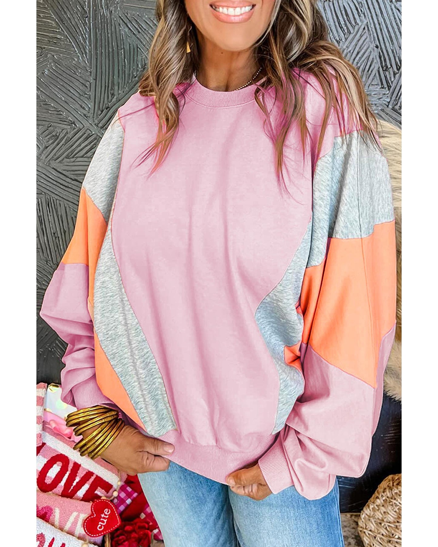 Light Pink Color Block Batwing Sleeve Loose Fit Sweatshirt - XL