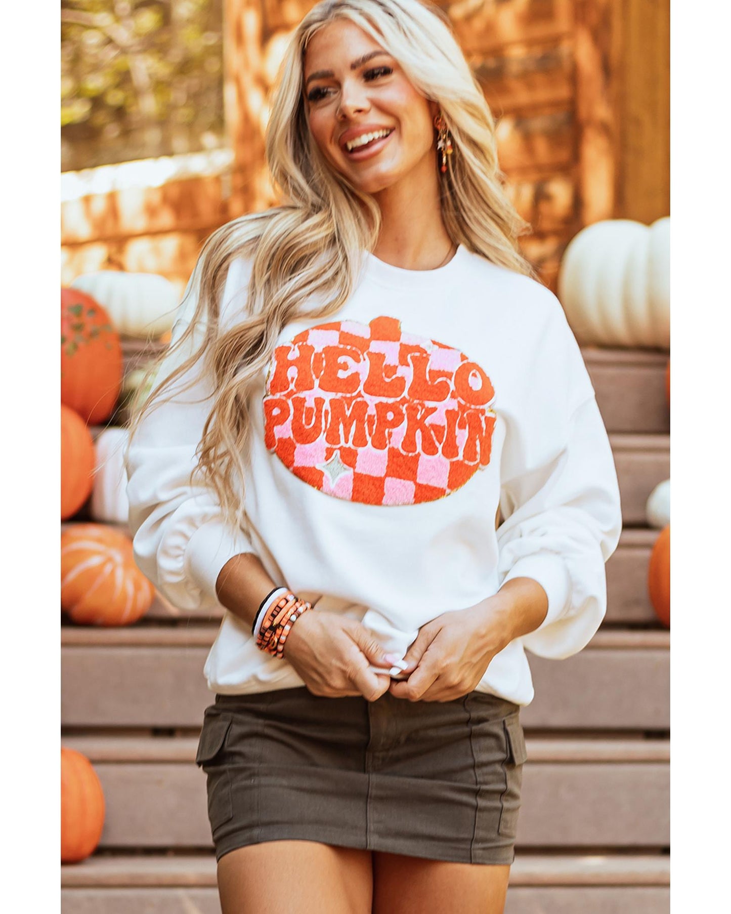White Terry Halloween Pumpkin Patched Pattern Pullover Sweatshirt - M