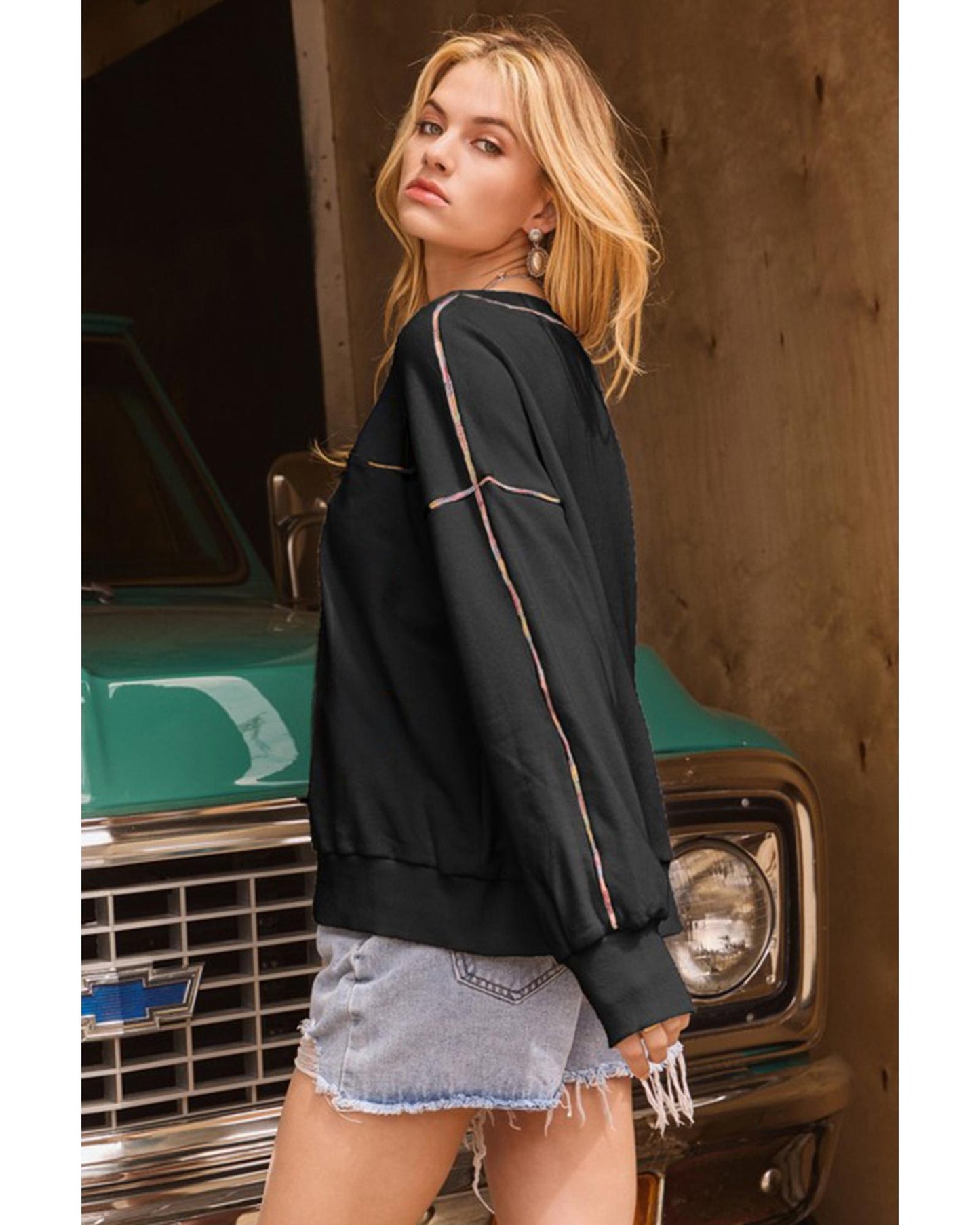 Black Contrast Rainbow Trim Drop Shoulder Pullover Sweatshirt - M