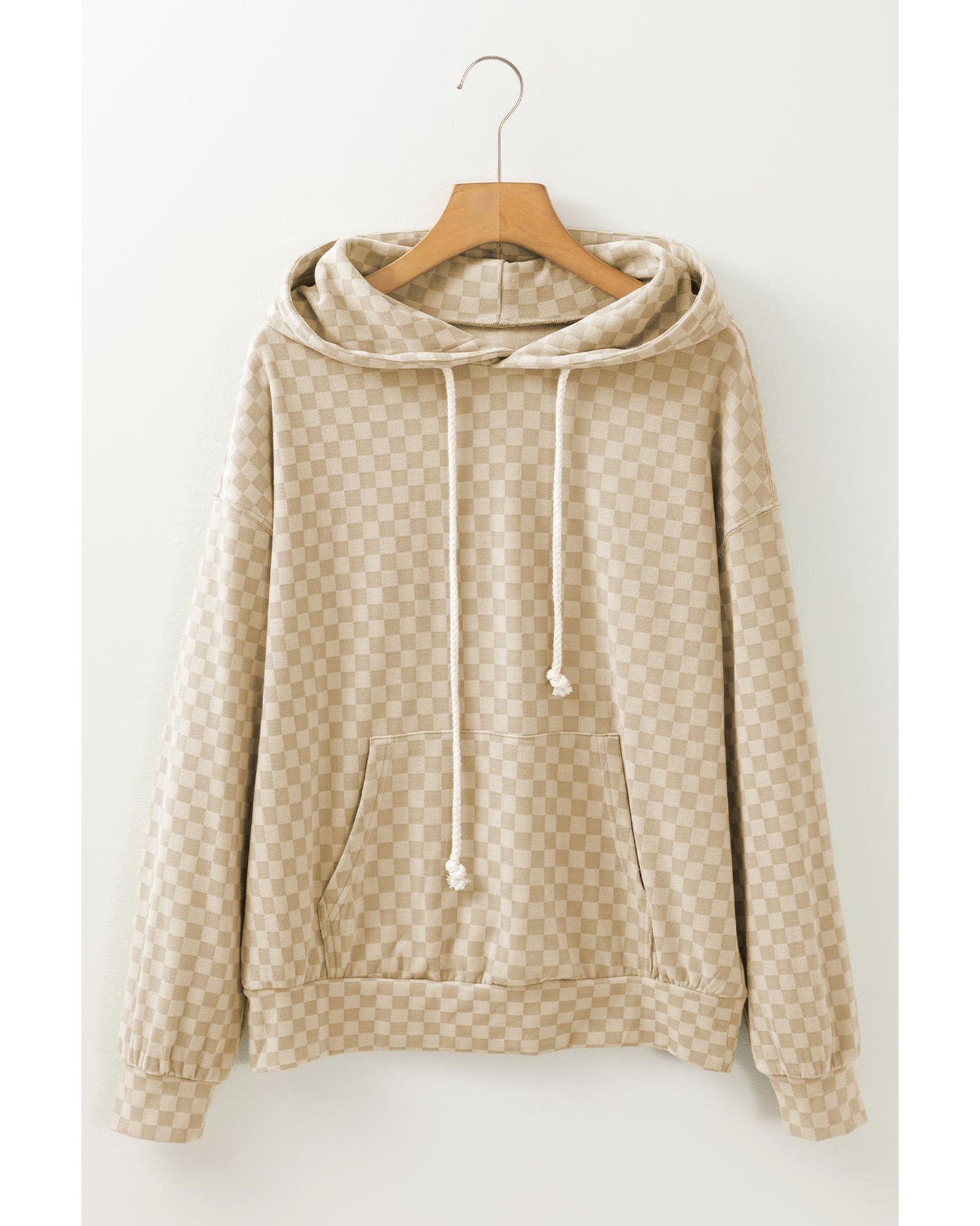 Khaki Checkered Print Kangaroo Pocket Drawstring Hoodie - L