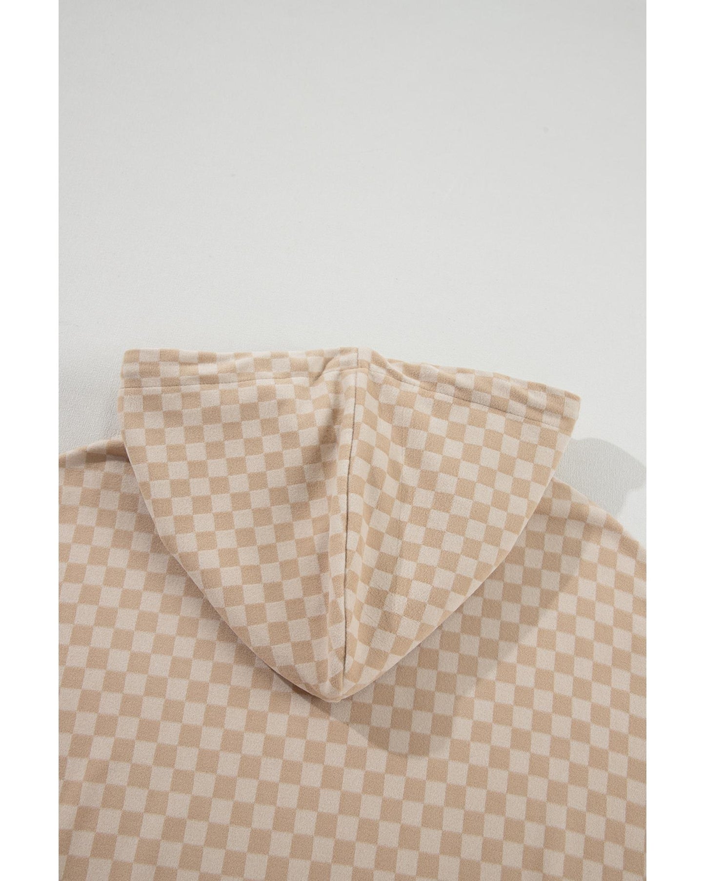 Khaki Checkered Print Kangaroo Pocket Drawstring Hoodie - L