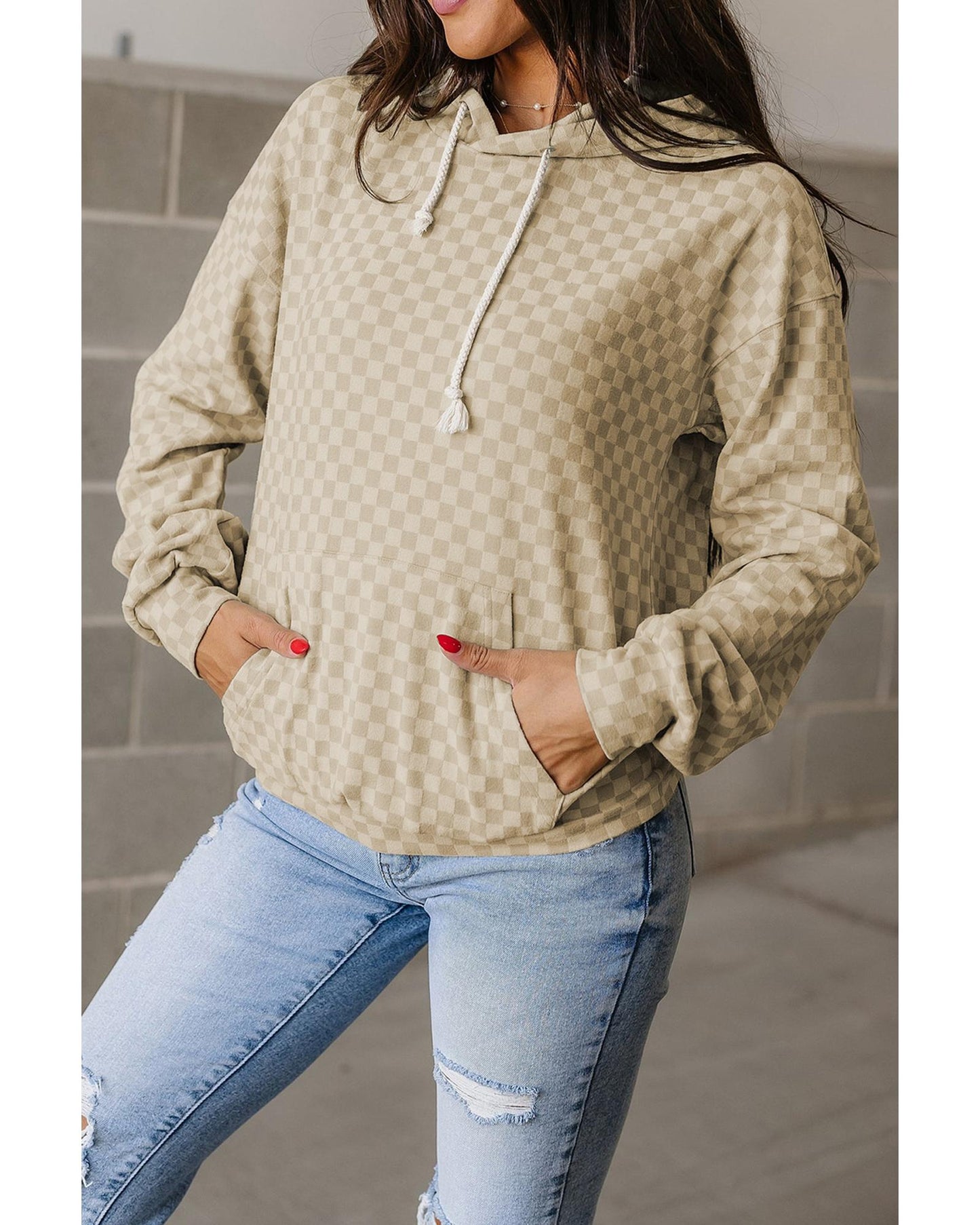 Khaki Checkered Print Kangaroo Pocket Drawstring Hoodie - L