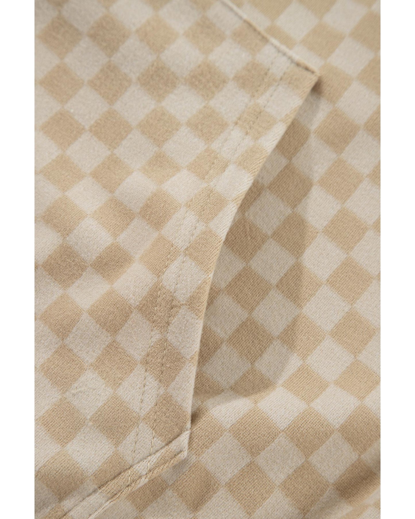 Khaki Checkered Print Kangaroo Pocket Drawstring Hoodie - M
