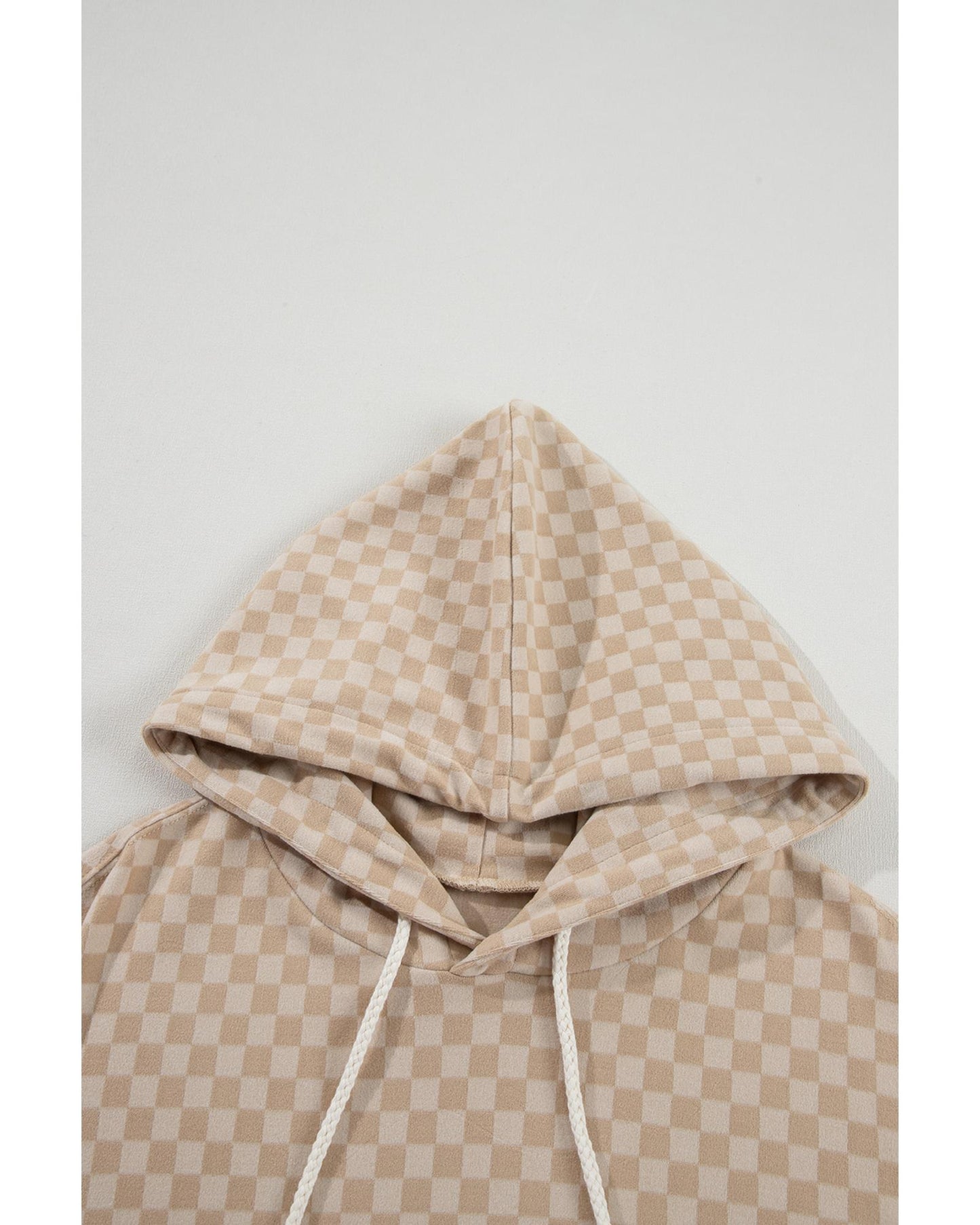 Khaki Checkered Print Kangaroo Pocket Drawstring Hoodie - XL