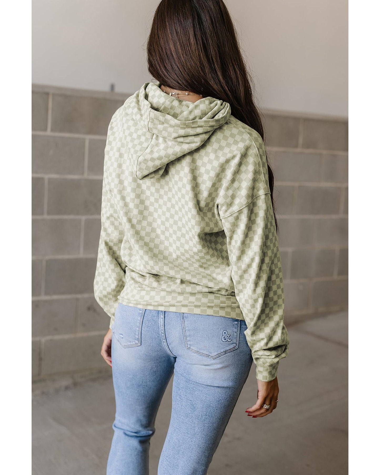Green Checkered Print Kangaroo Pocket Drawstring Hoodie - M