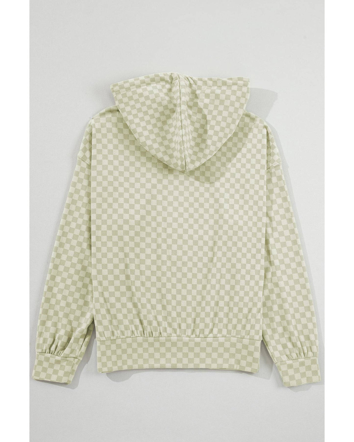 Green Checkered Print Kangaroo Pocket Drawstring Hoodie - M