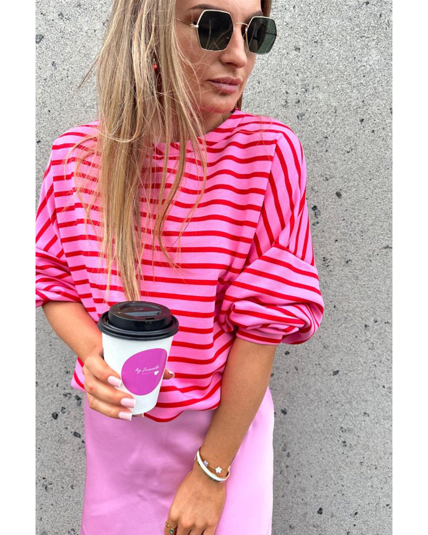 Sachet Pink Striped Print Crew Neck Drop Shoulder Sweatshirt - L