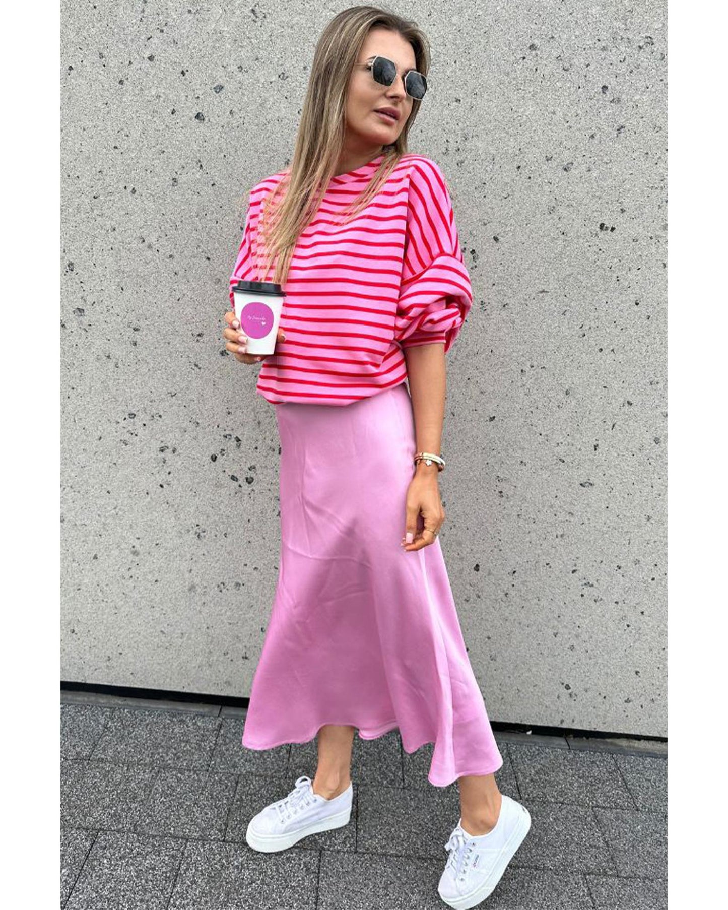 Sachet Pink Striped Print Crew Neck Drop Shoulder Sweatshirt - L
