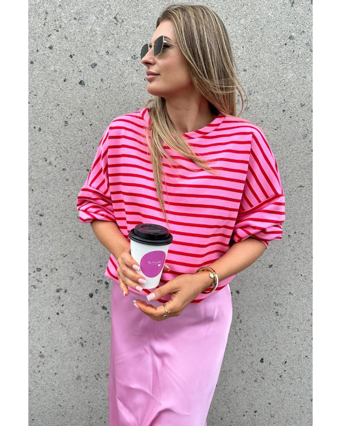 Sachet Pink Striped Print Crew Neck Drop Shoulder Sweatshirt - L