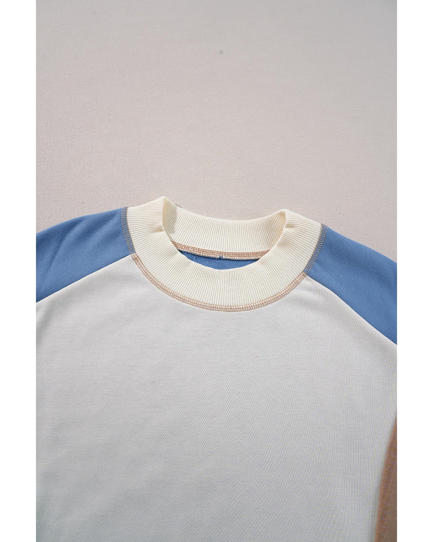 Sky Blue Ribbed Detail Color Block Sleeve Baggy Sweatshirt - M