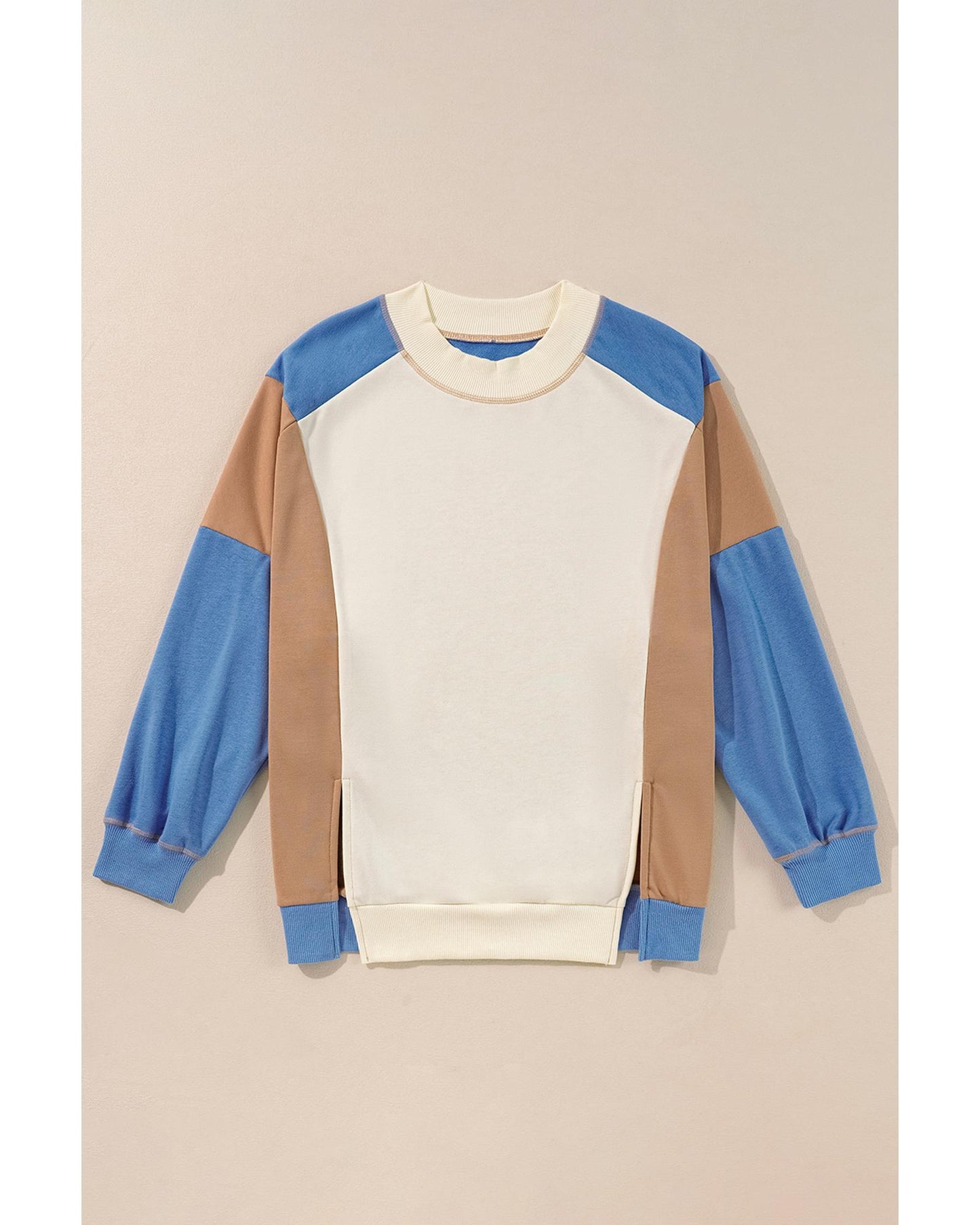 Sky Blue Ribbed Detail Color Block Sleeve Baggy Sweatshirt - M