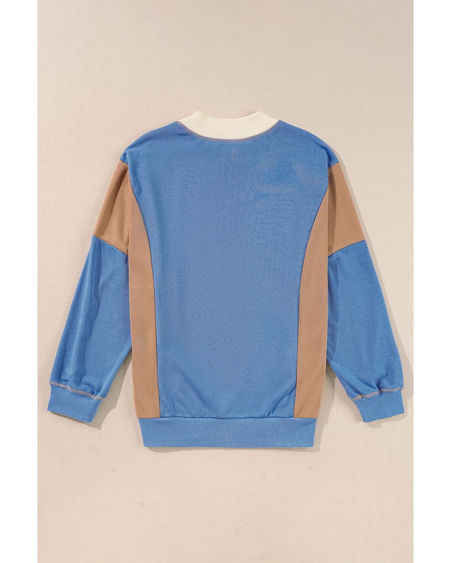Sky Blue Ribbed Detail Color Block Sleeve Baggy Sweatshirt - M