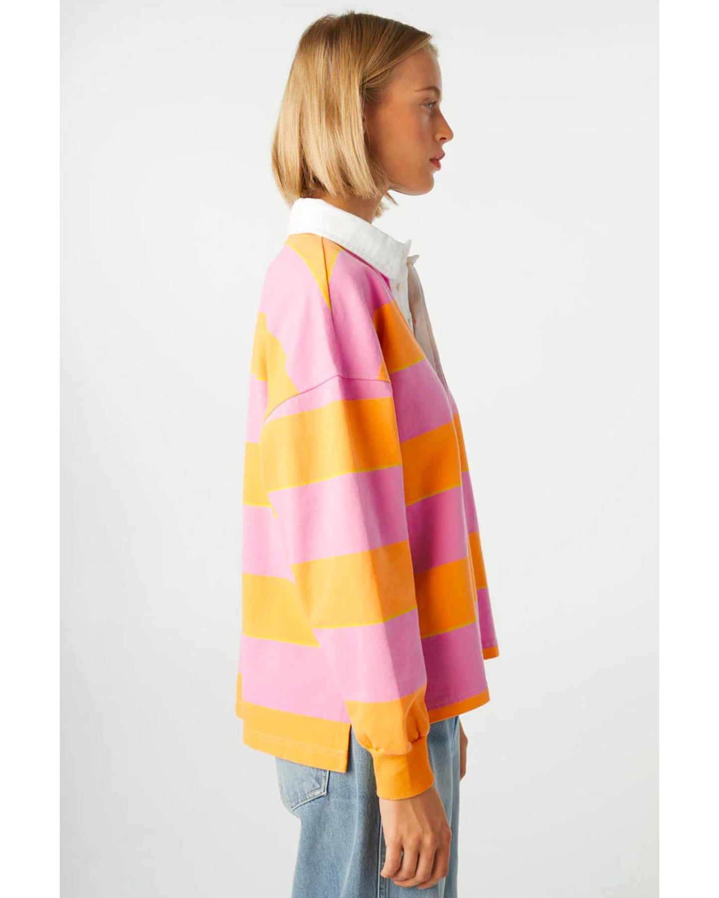 Yellow Stripe Color Block Polo Collar Sweatshirt - L
