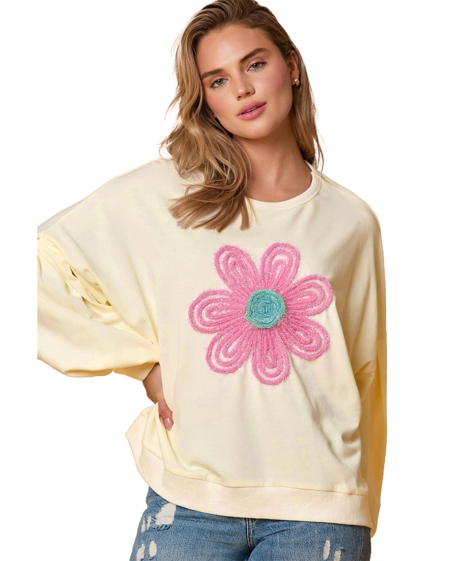 Beige Tinsel Flower Dropped Puff Sleeve Sweatshirt - L
