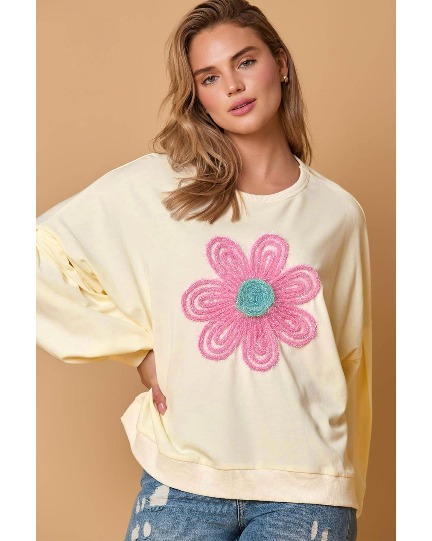 Beige Tinsel Flower Dropped Puff Sleeve Sweatshirt - M