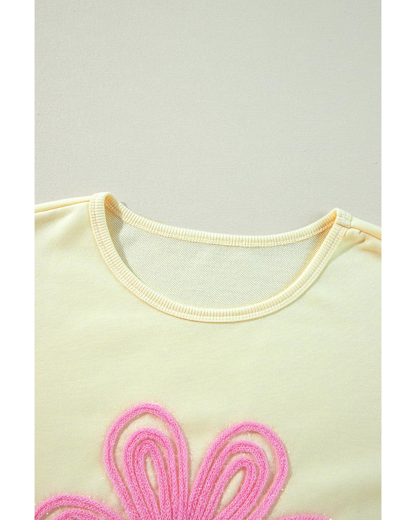 Beige Tinsel Flower Dropped Puff Sleeve Sweatshirt - S