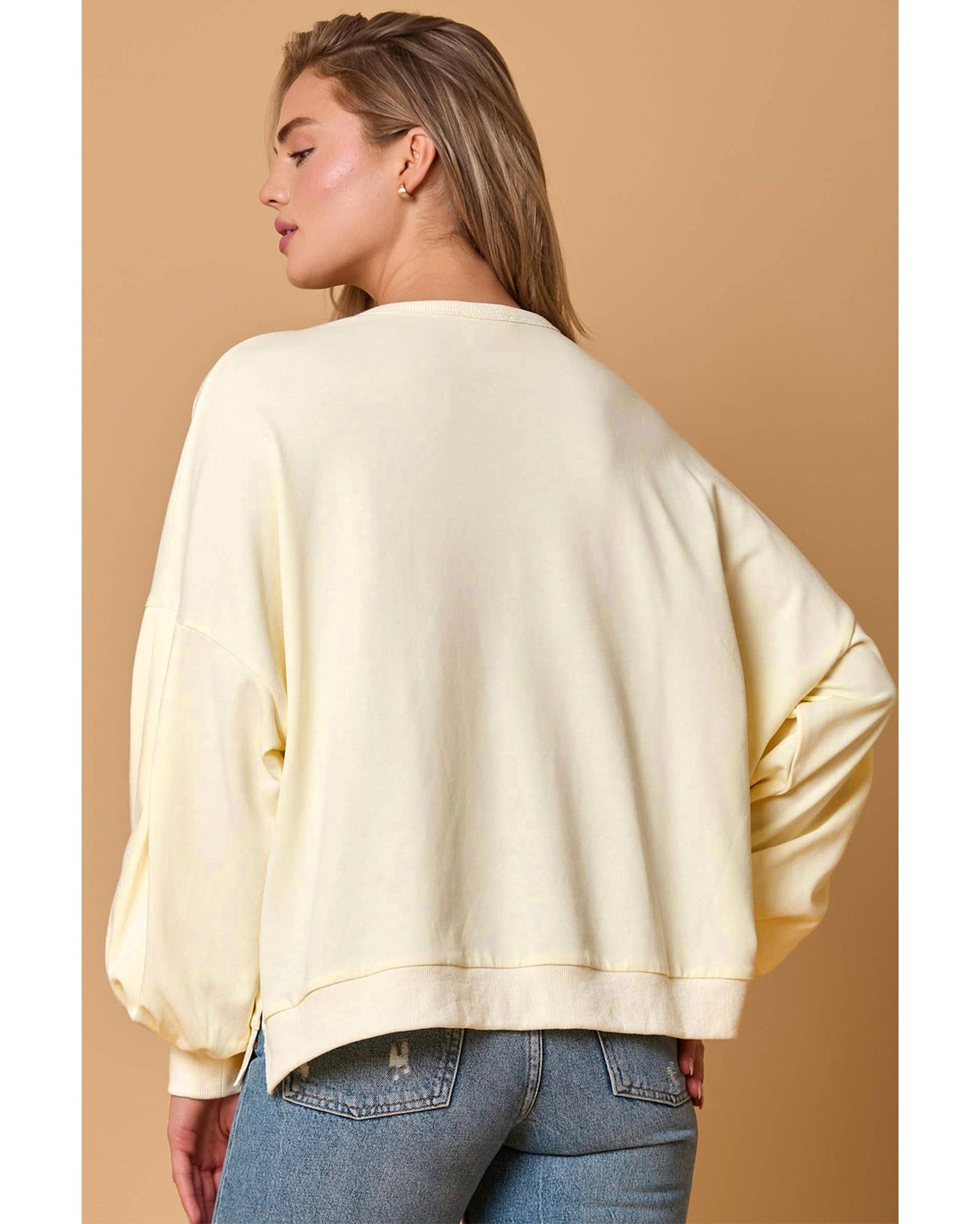 Beige Tinsel Flower Dropped Puff Sleeve Sweatshirt - XL
