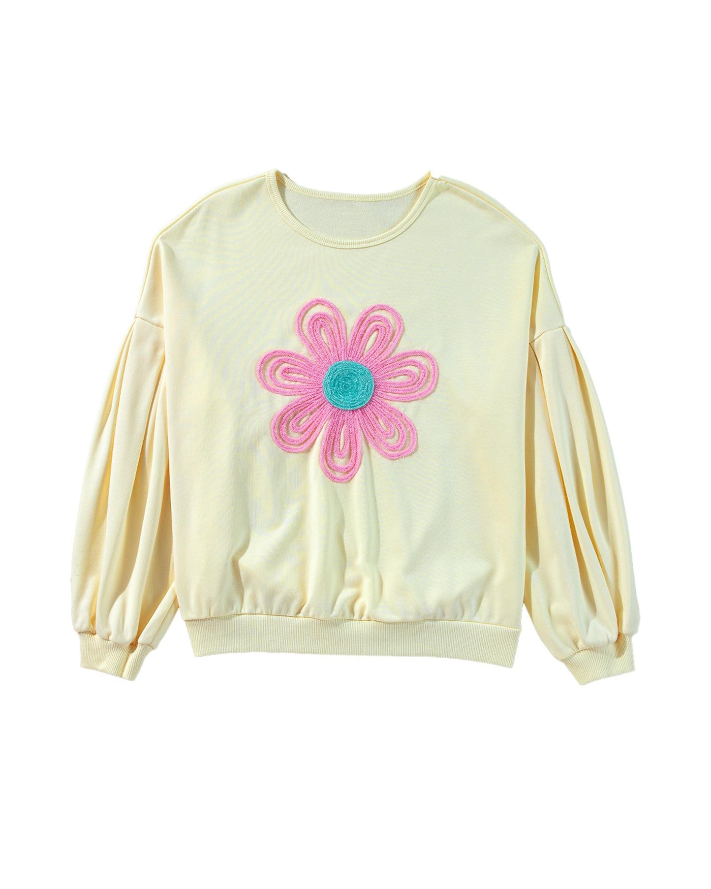 Beige Tinsel Flower Dropped Puff Sleeve Sweatshirt - XL