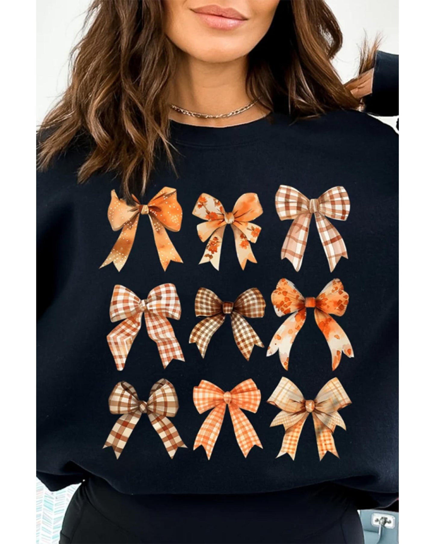 Black Thanksgiving Spice Bowknot Graphic Sweatshirt - M