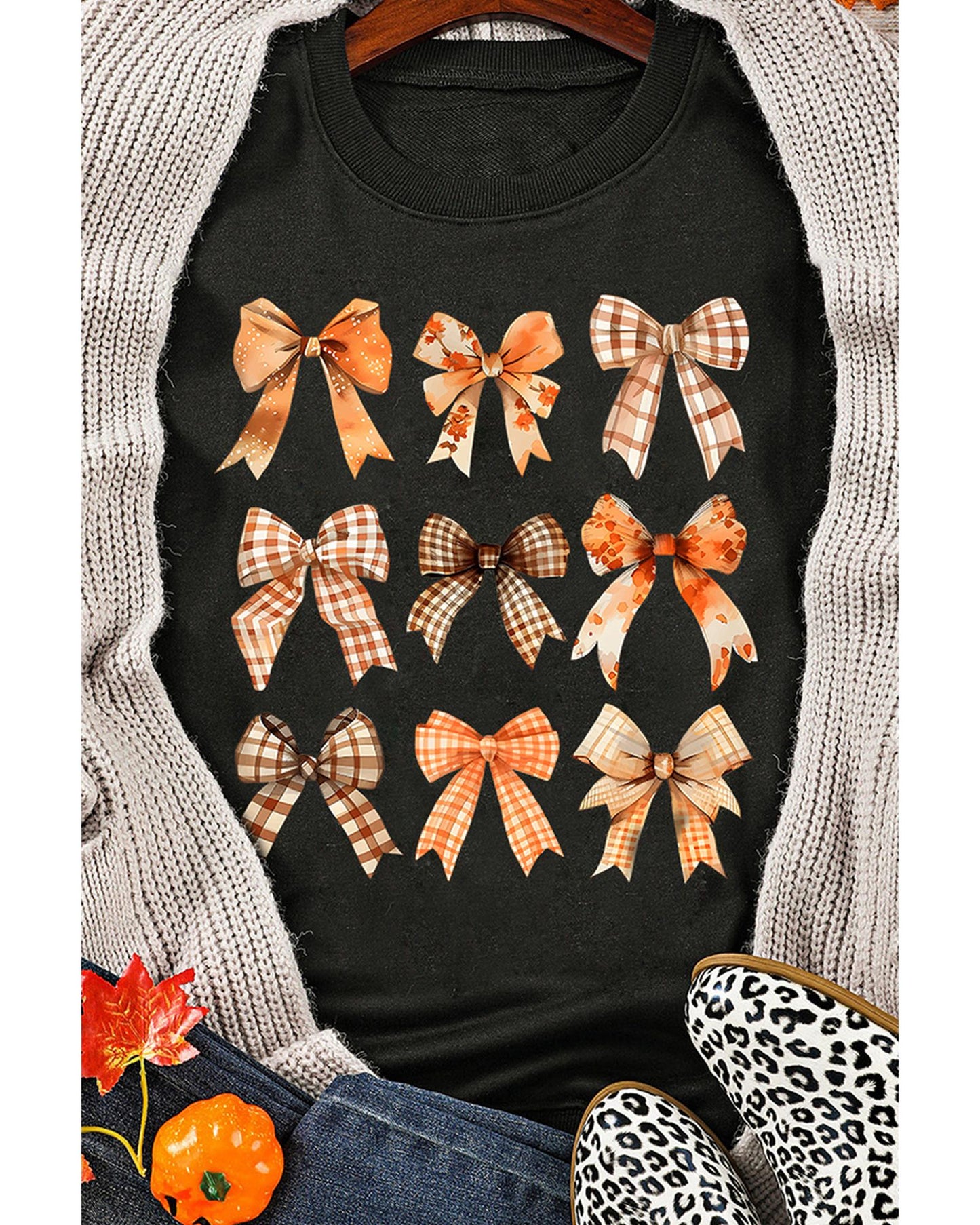 Black Thanksgiving Spice Bowknot Graphic Sweatshirt - M
