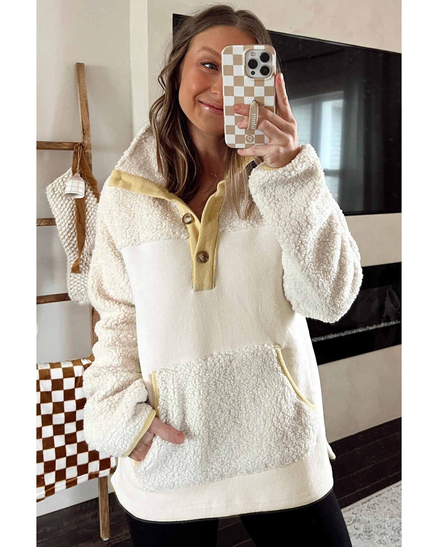 Beige Fleece Colorblock Trim Buttons Collar Sweatshirt with Pocket - L