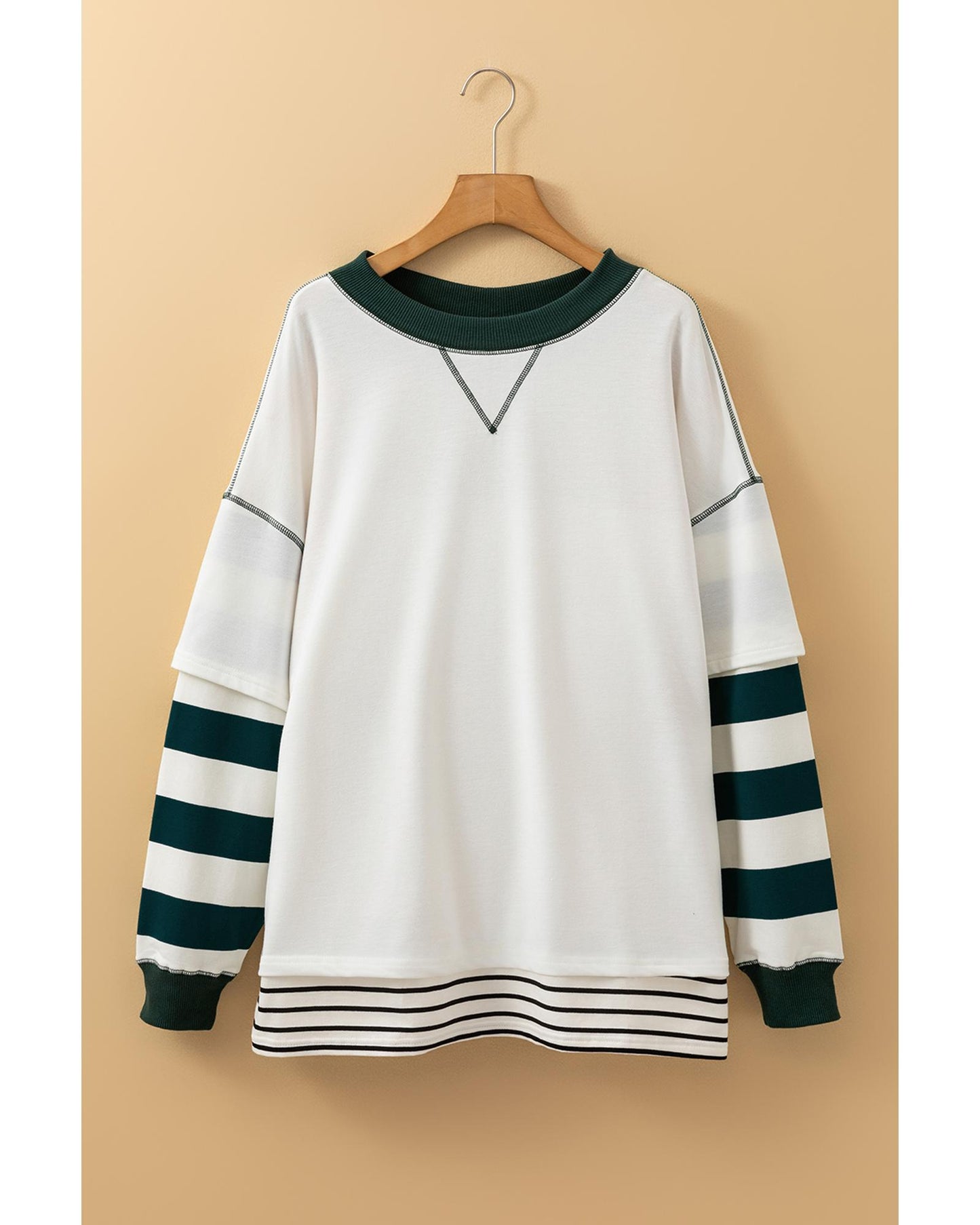 White Stripe Colorblock Sleeve Exposed Seam Fake-2-Piece Sweatshirt - XL