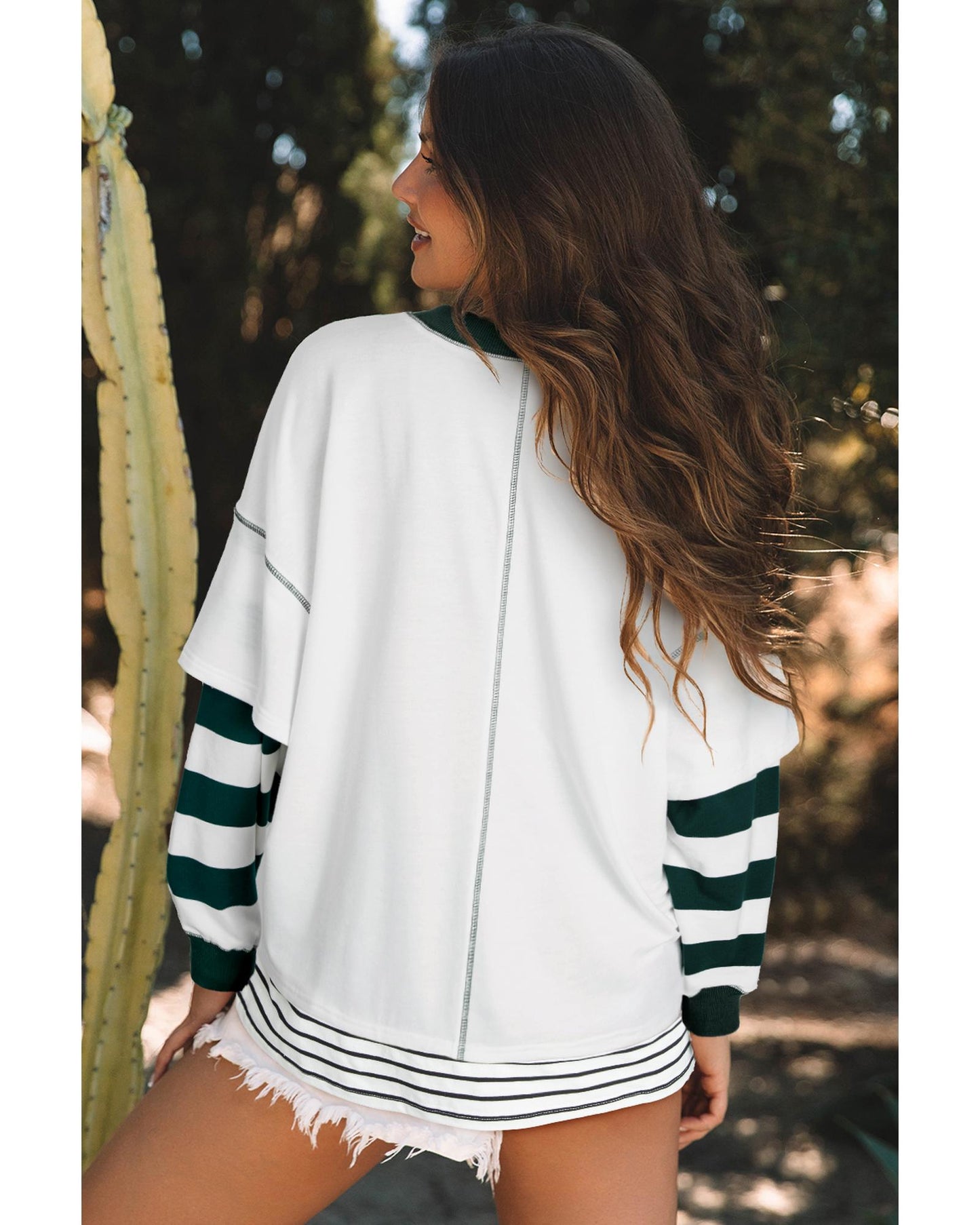 White Stripe Colorblock Sleeve Exposed Seam Fake-2-Piece Sweatshirt - XL