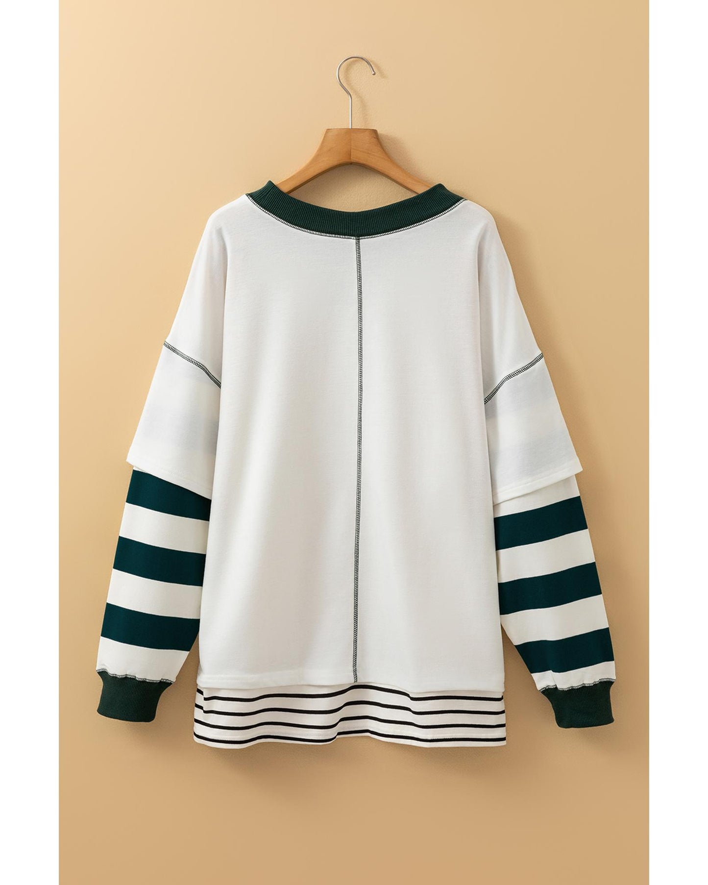 White Stripe Colorblock Sleeve Exposed Seam Fake-2-Piece Sweatshirt - XL