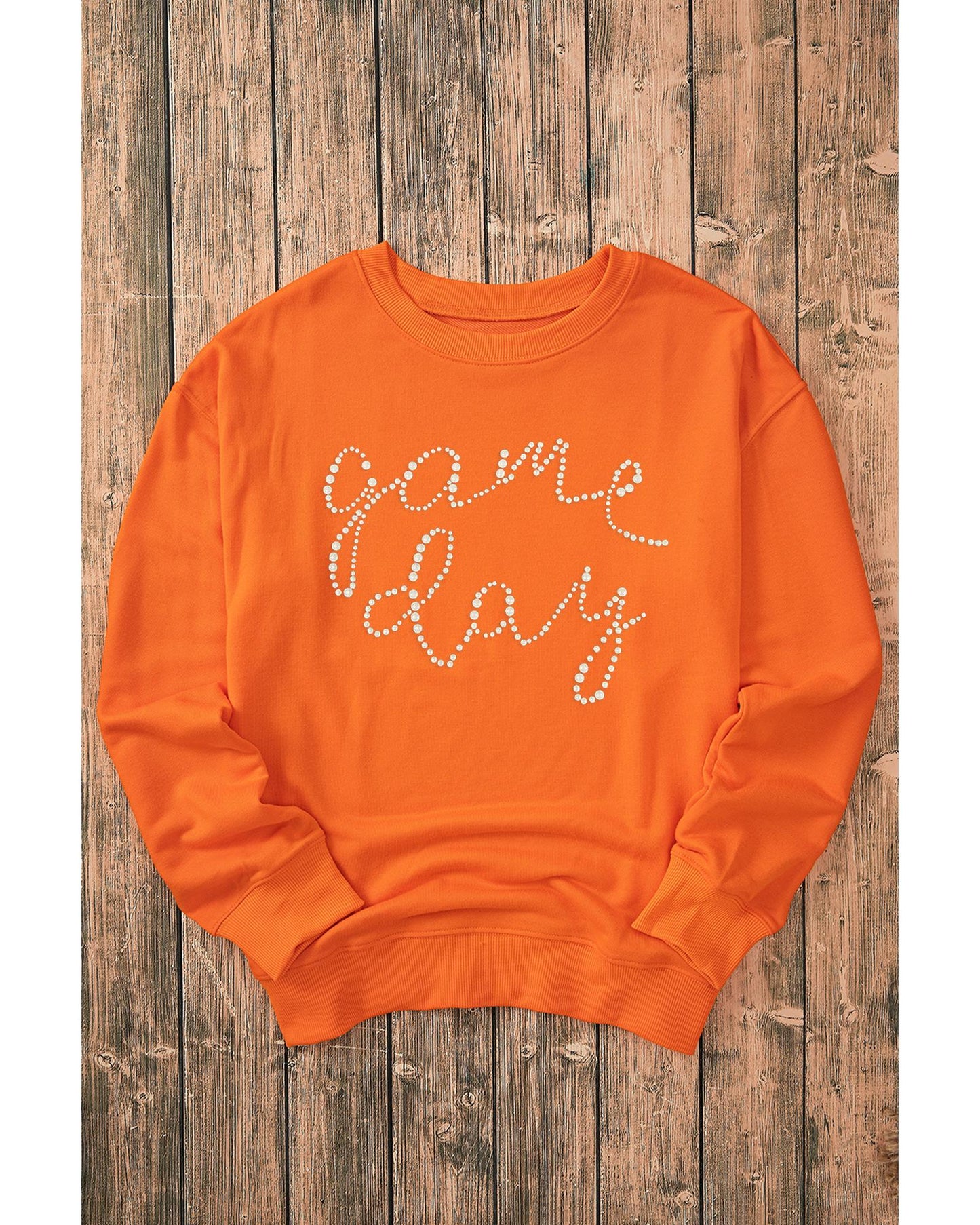 Orange Rhinestone game day Pattern Drop Shoulder Sweatshirt - L