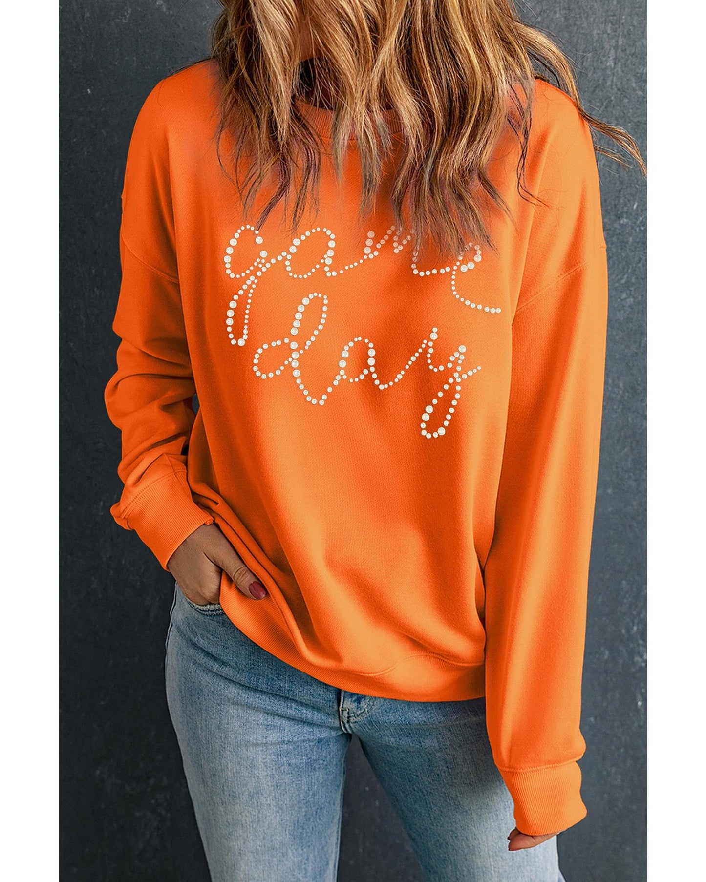 Orange Rhinestone game day Pattern Drop Shoulder Sweatshirt - L